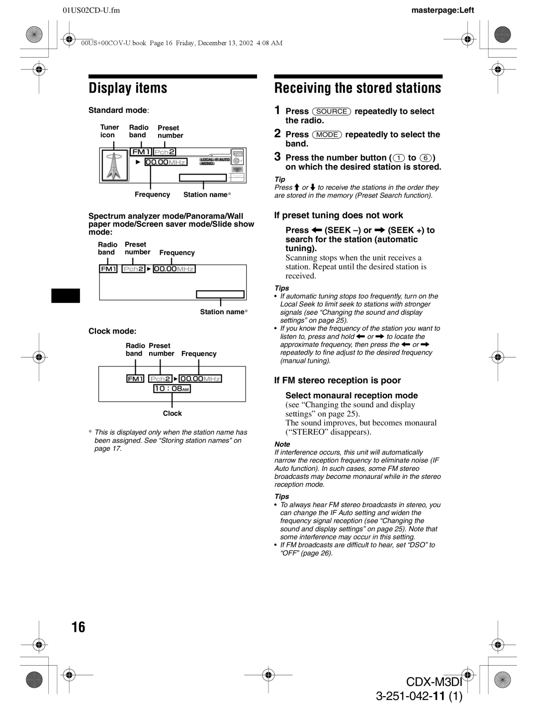 Sony CDX-M3DI operating instructions Receiving the stored stations, Display items, 3-251-042-11, 01US02CD-U.fm 