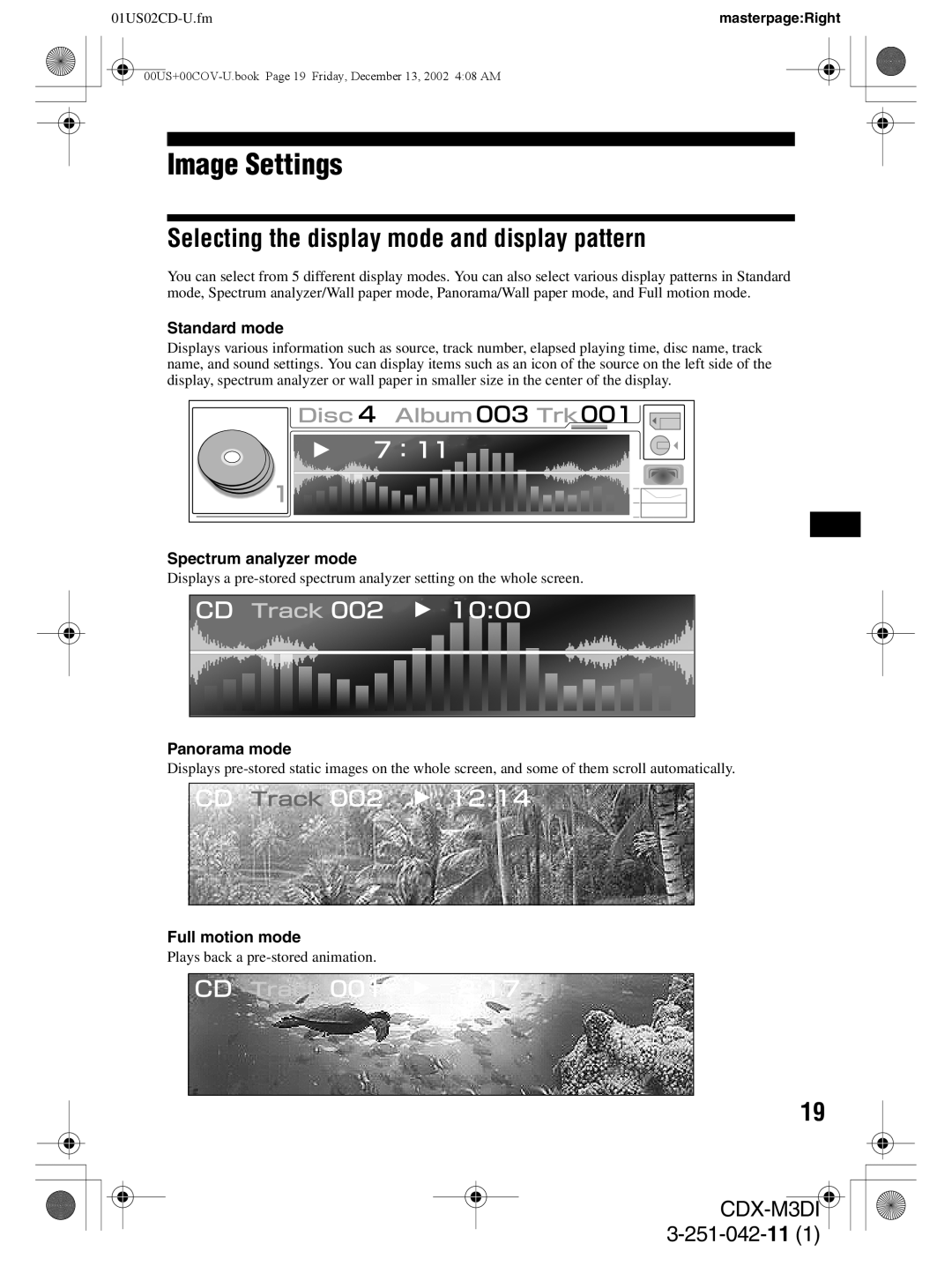 Sony CDX-M3DI Image Settings, Selecting the display mode and display pattern, 3-251-042-11, 01US02CD-U.fm 