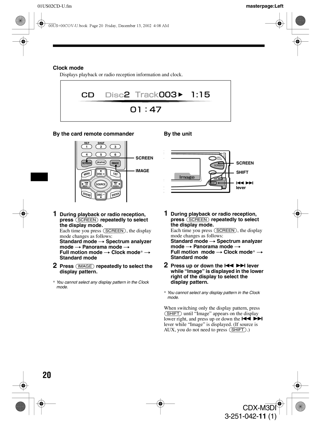 Sony CDX-M3DI operating instructions 3-251-042-11, Clock mode, By the card remote commander, By the unit, 01US02CD-U.fm 