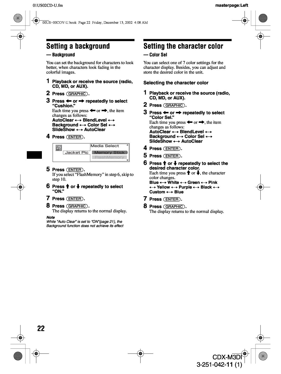 Sony CDX-M3DI operating instructions Setting a background, Setting the character color, 3-251-042-11, 01US02CD-U.fm 