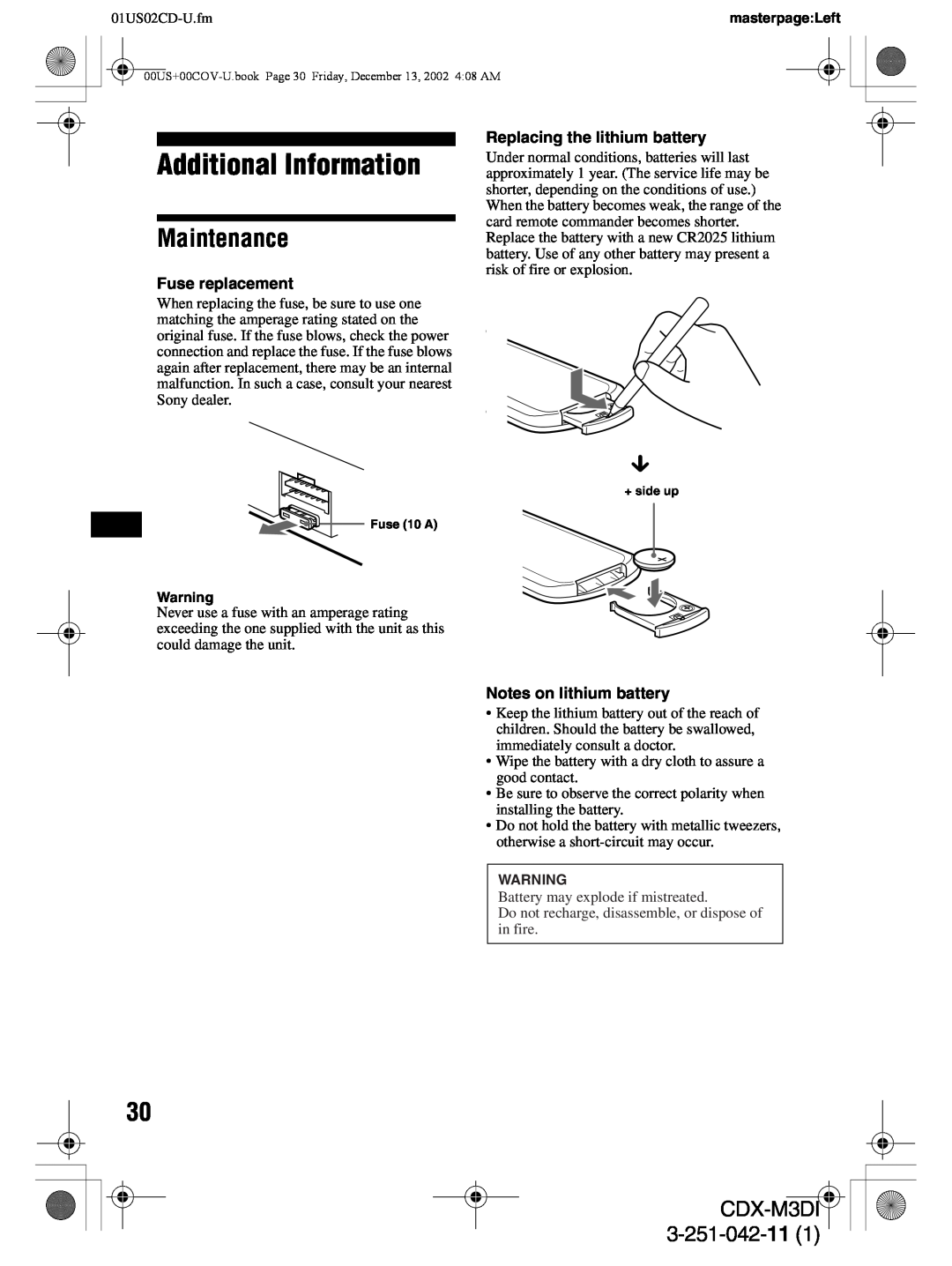 Sony CDX-M3DI operating instructions Additional Information, Maintenance, 3-251-042-11, 01US02CD-U.fm 
