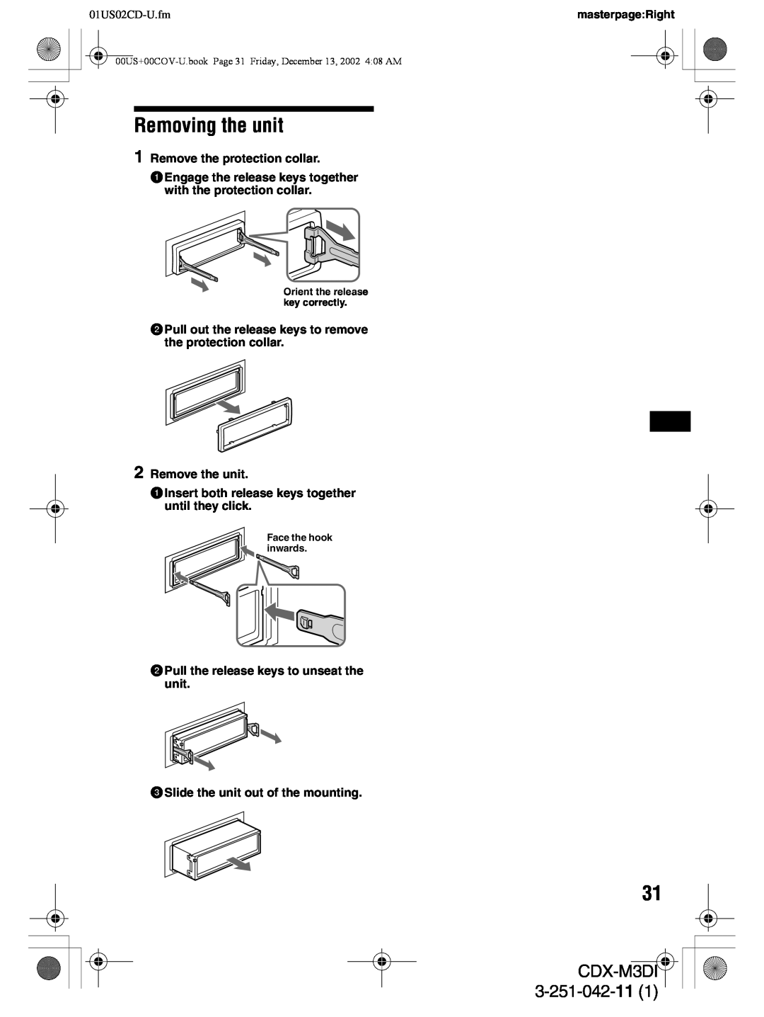 Sony CDX-M3DI operating instructions Removing the unit, 3-251-042-11, 01US02CD-U.fm 