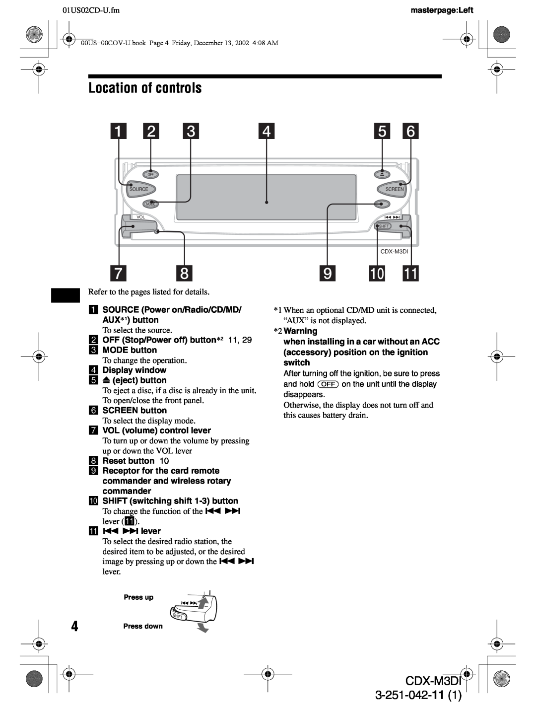 Sony CDX-M3DI operating instructions Location of controls, 3-251-042-11, 01US02CD-U.fm 