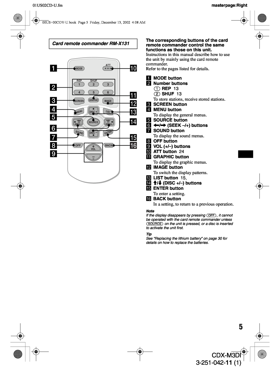 Sony CDX-M3DI operating instructions Card remote commander RM-X131, 01US02CD-U.fm 