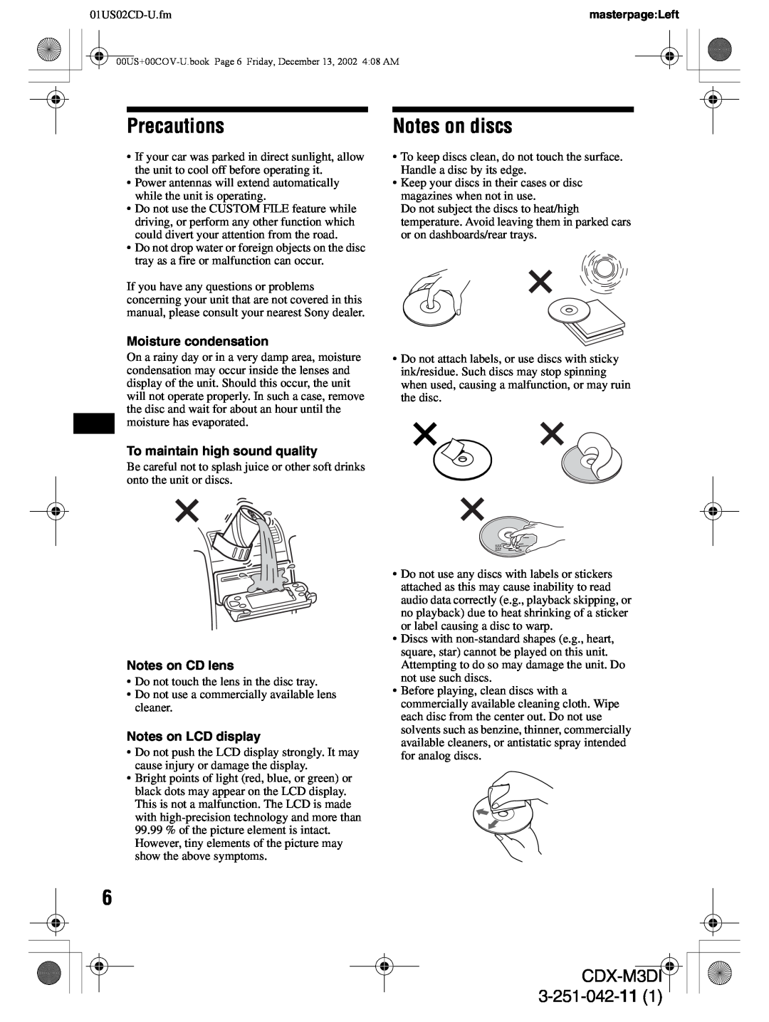 Sony CDX-M3DI operating instructions Precautions, Notes on discs, 3-251-042-11, 01US02CD-U.fm 