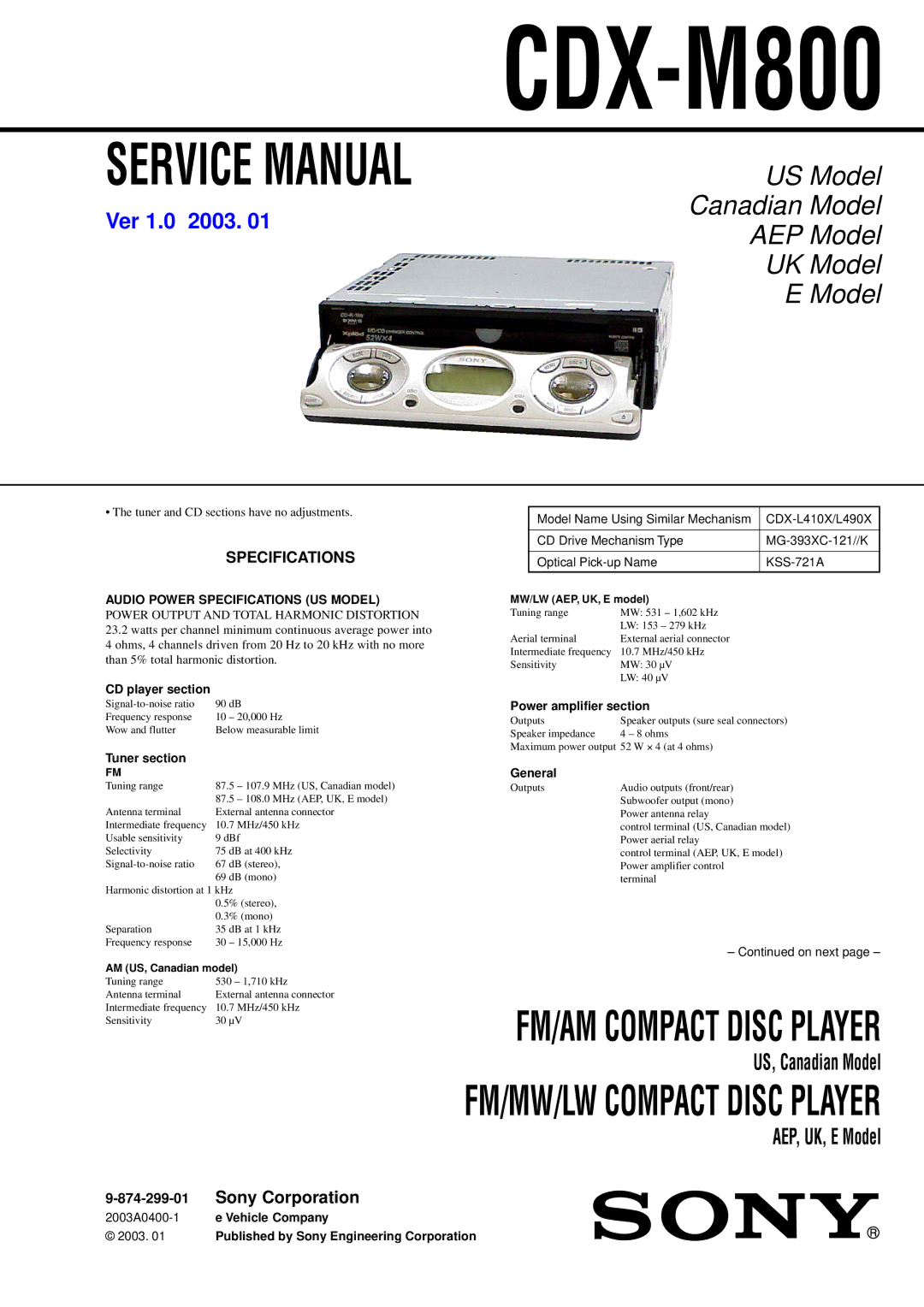 Sony CDX-M800 service manual Specifications 