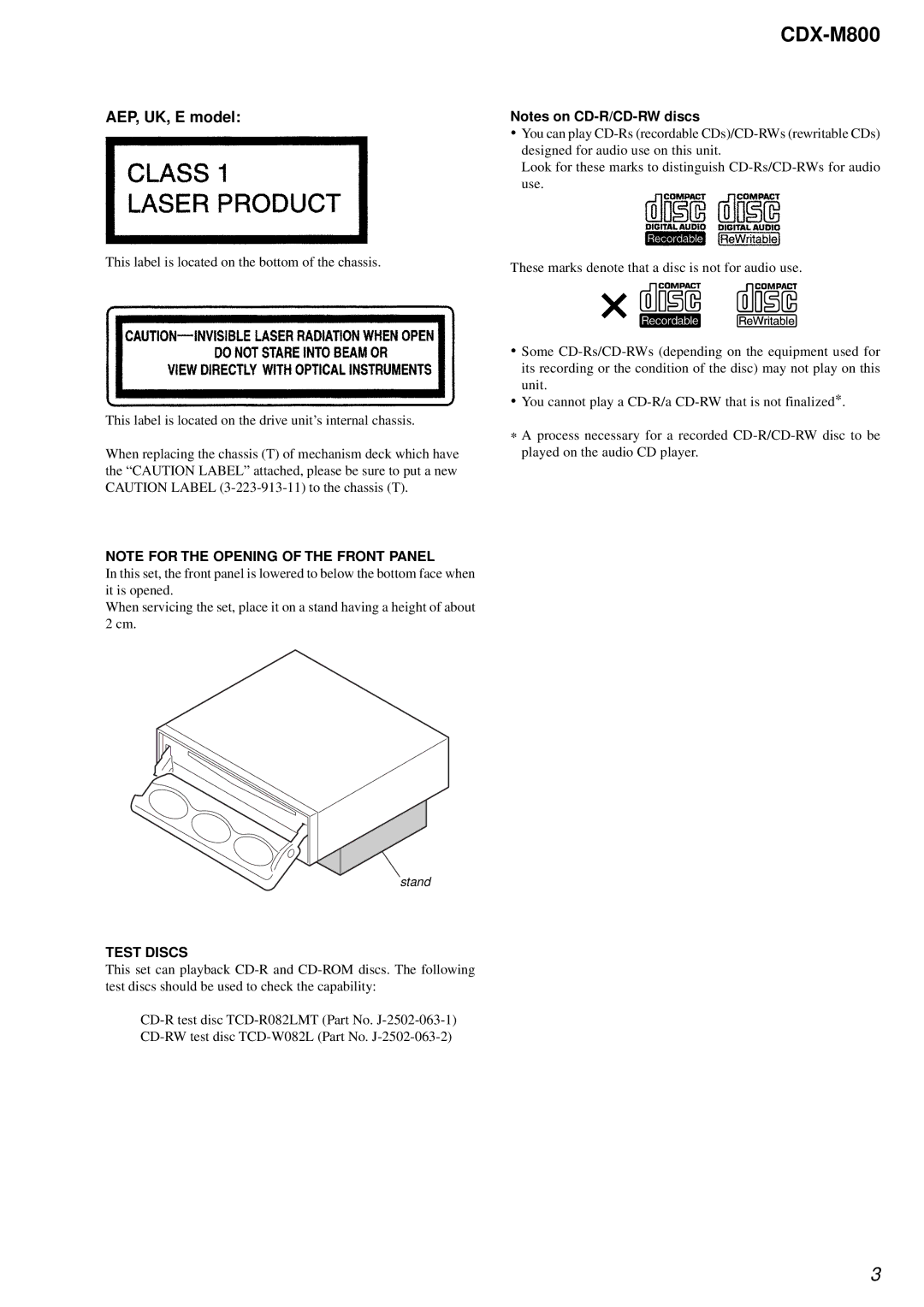 Sony CDX-M800 service manual AEP, UK, E model, Test Discs 