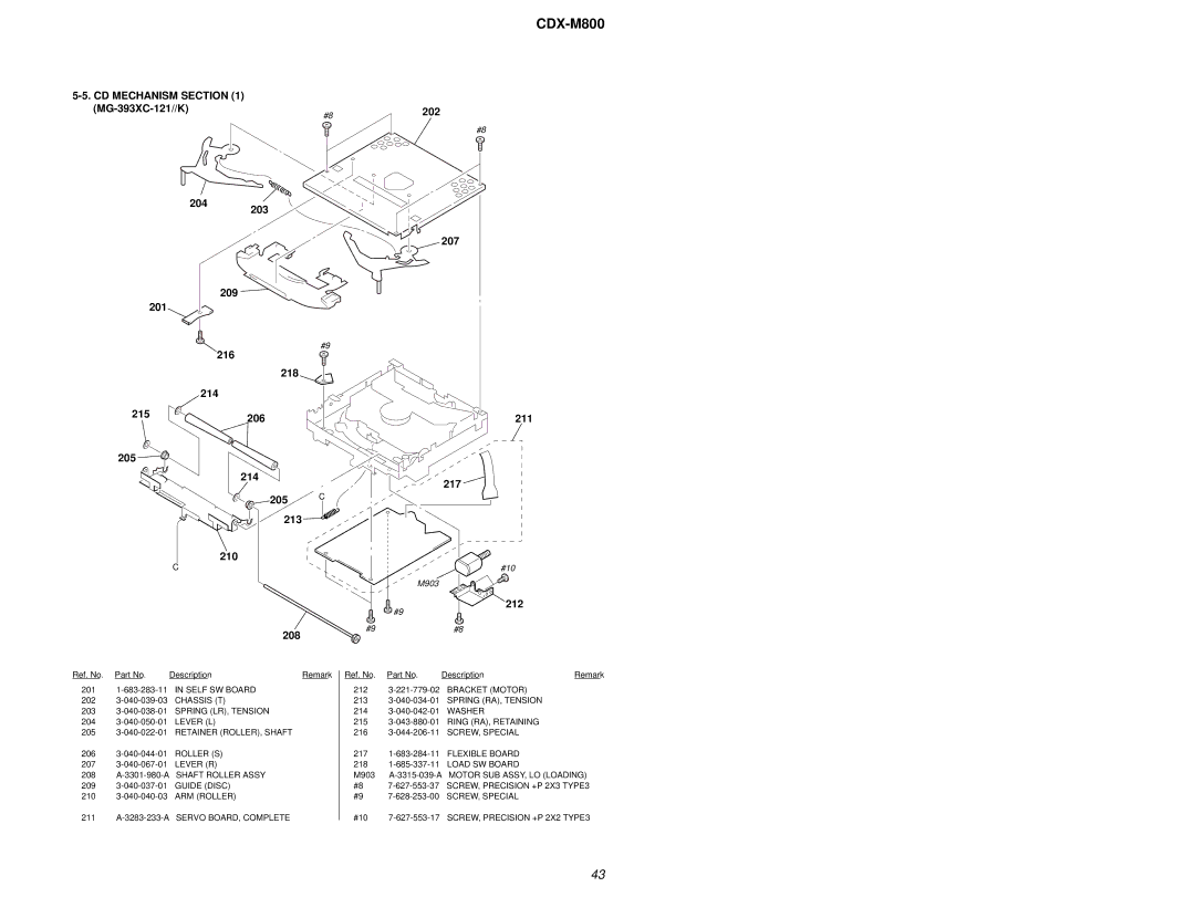 Sony CDX-M800 service manual 211 217, 211 A-3283-233-A Servo BOARD, Complete, M903 A-3315-039-A Motor SUB ASSY, LO Loading 