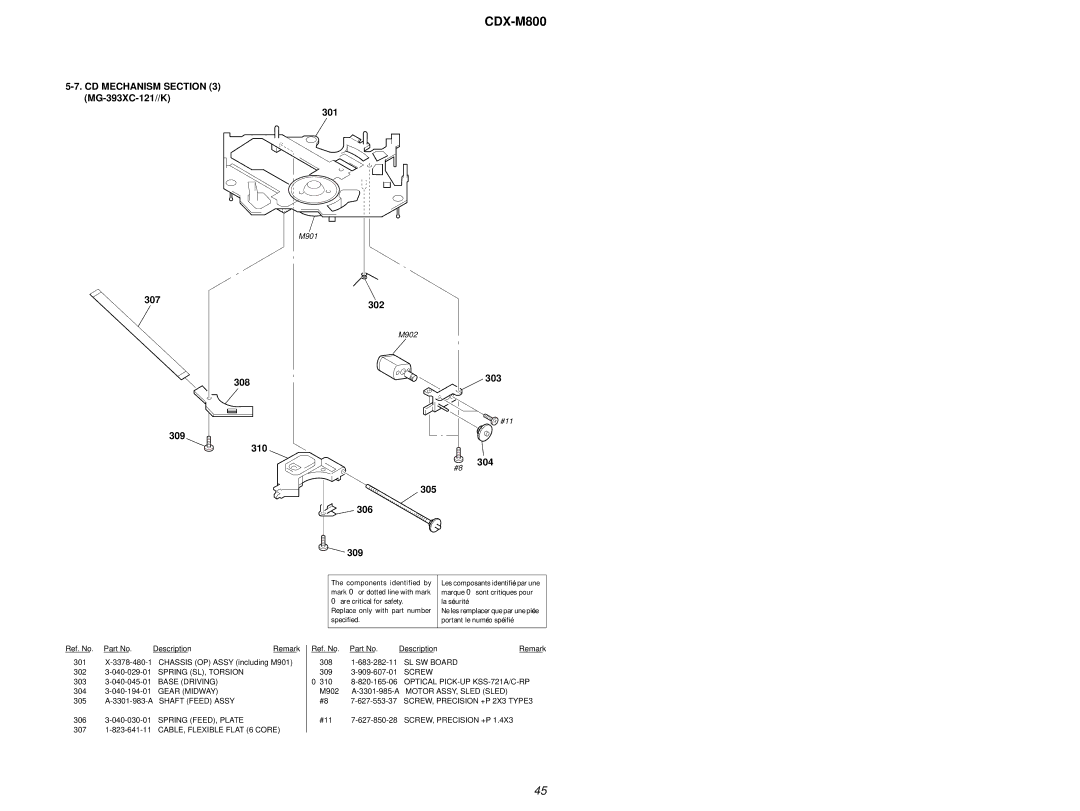 Sony CDX-M800 service manual CD Mechanism MG-393XC-121//K 301, 307 302, 308 303 309 310 305 306, 304 