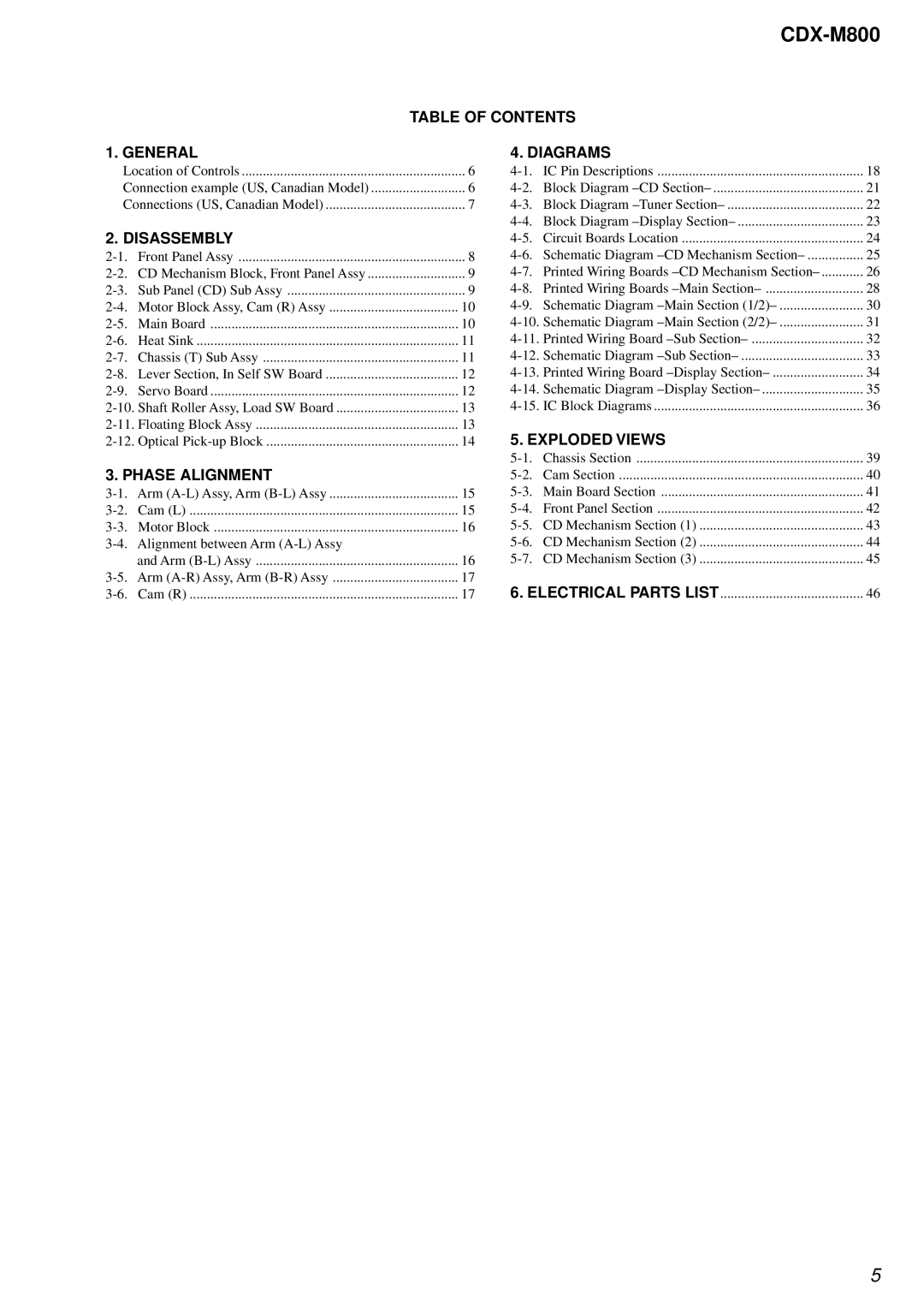 Sony CDX-M800 service manual Table of Contents General, Disassembly, Phase Alignment, Diagrams, Exploded Views 