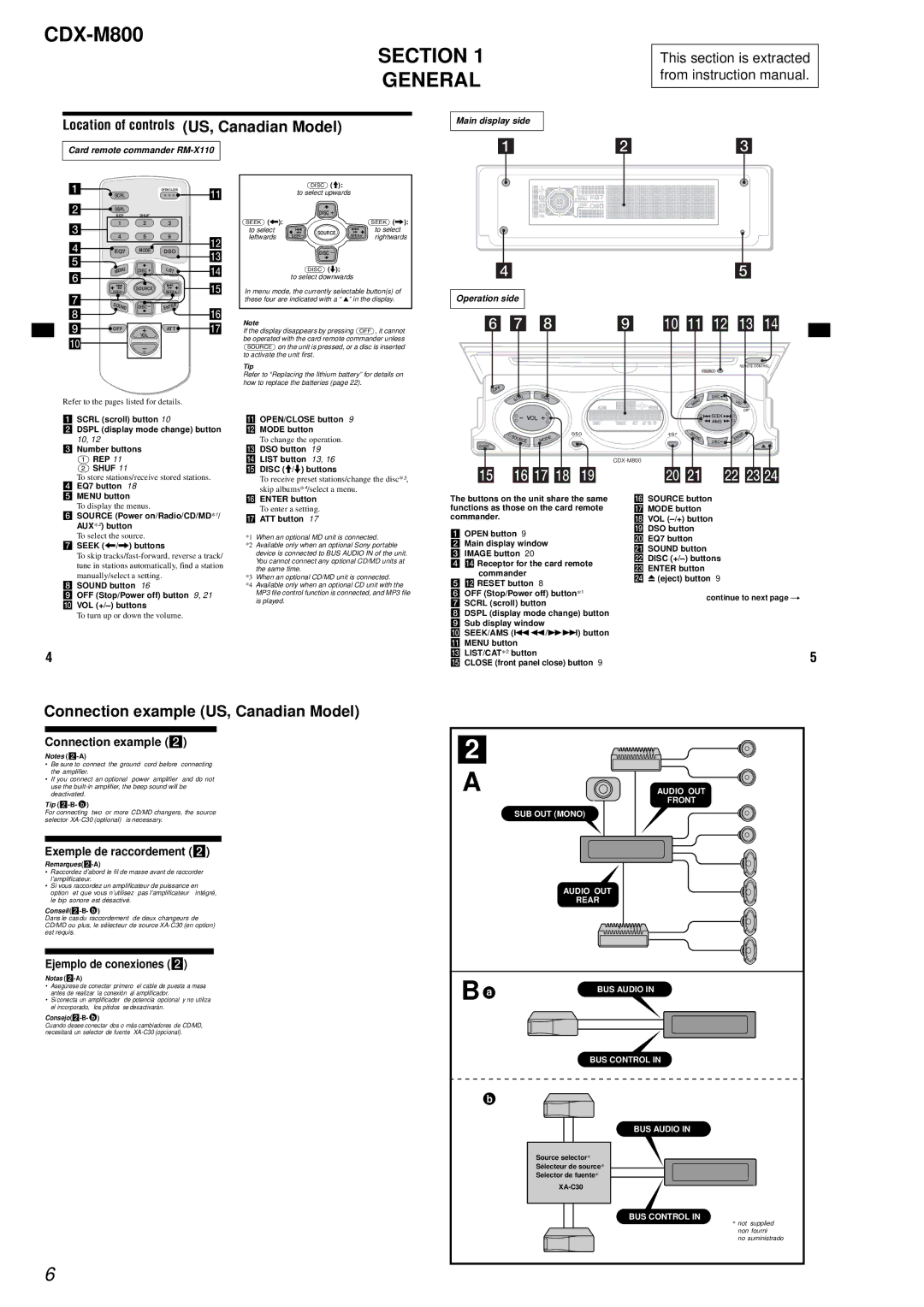 Sony CDX-M800 service manual Section General, Connection example US, Canadian Model 