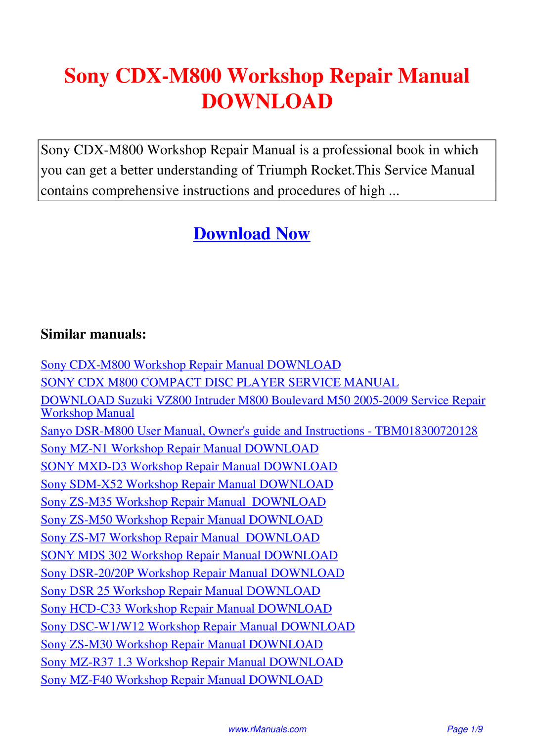 Sony CDX-M800 service manual Download 