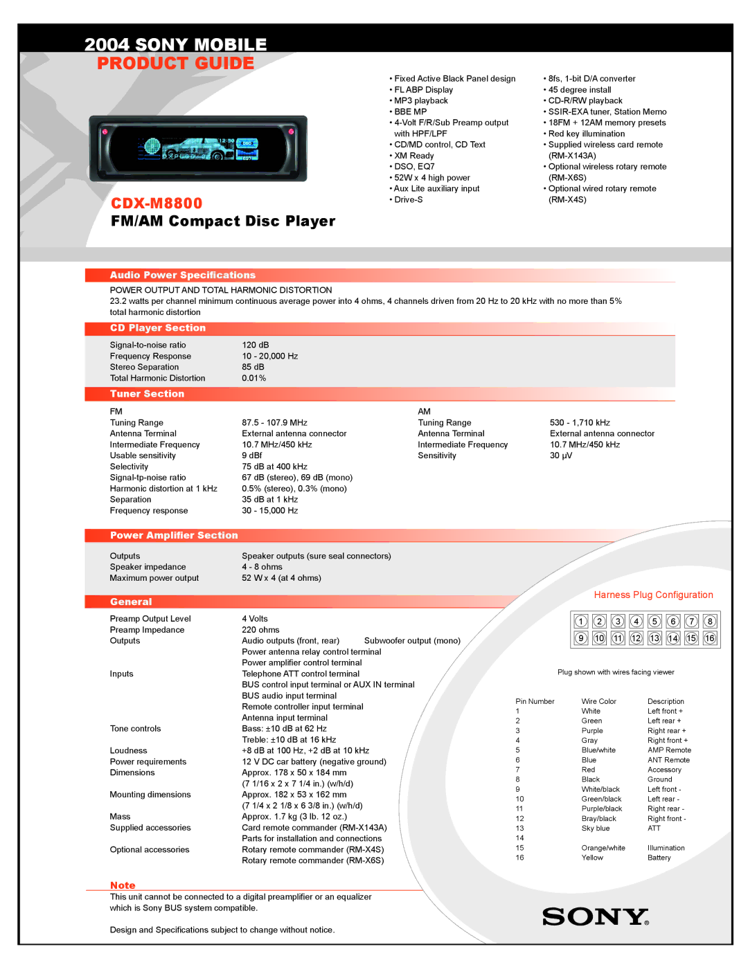 Sony CDX-M8800 specifications Audio Power Speciﬁcations, CD Player Section, Tuner Section, General 