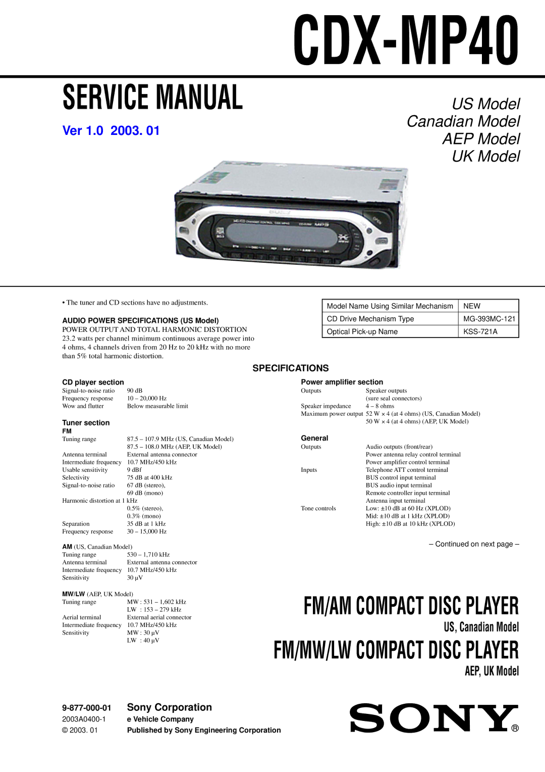 Sony CDX-MP40 service manual Specifications, New 