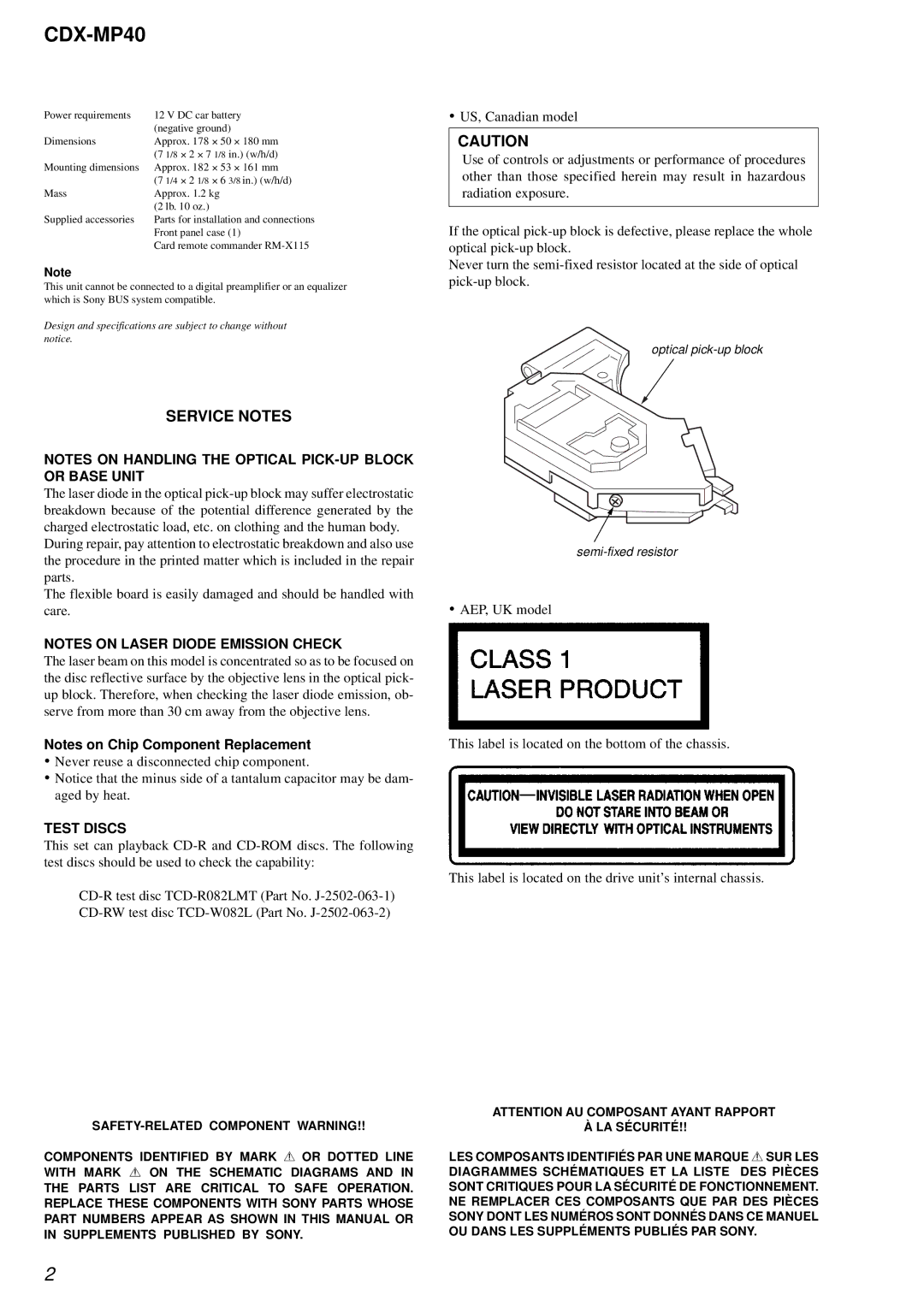 Sony CDX-MP40 service manual Service Notes 