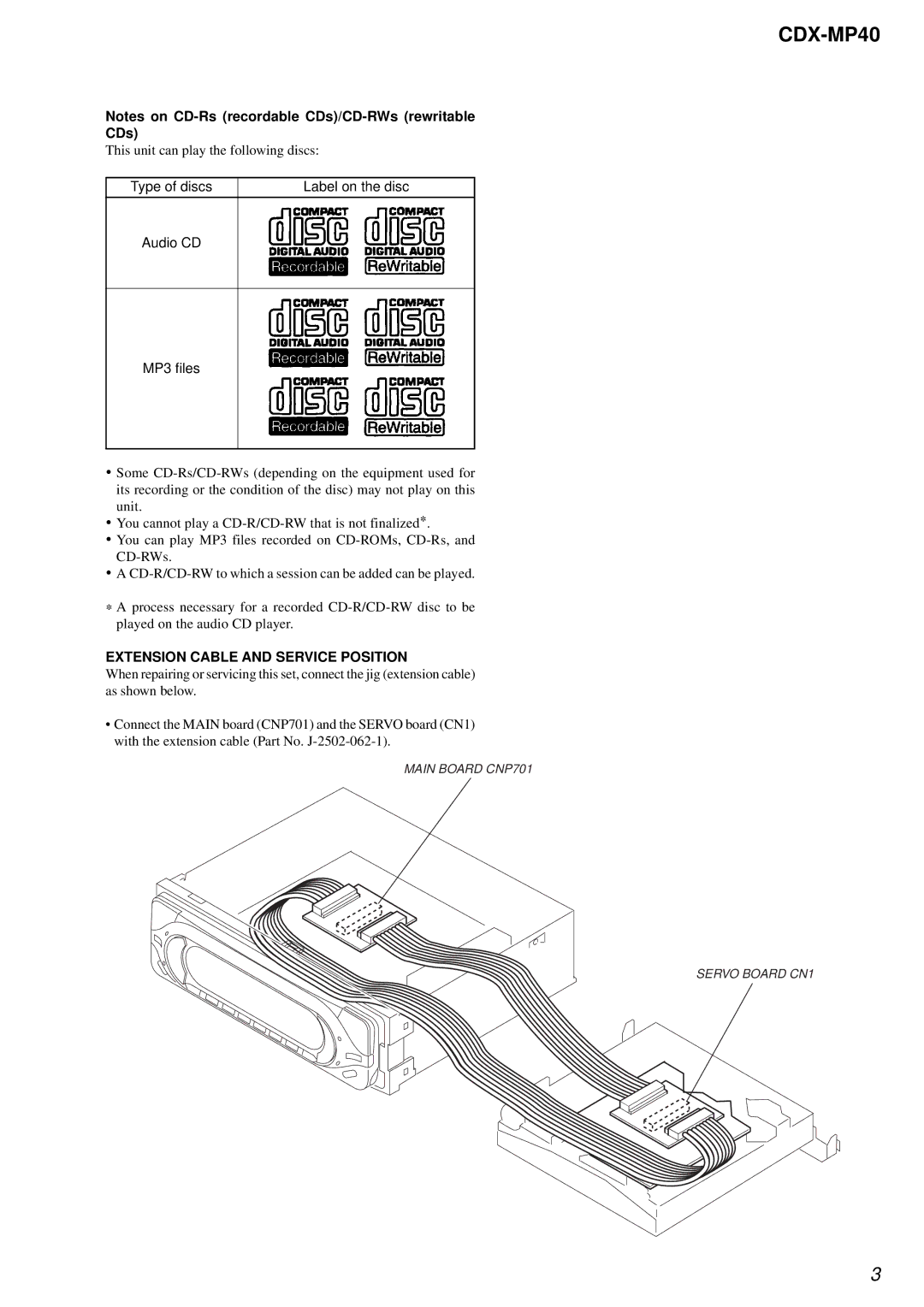 Sony CDX-MP40 service manual Extension Cable and Service Position 