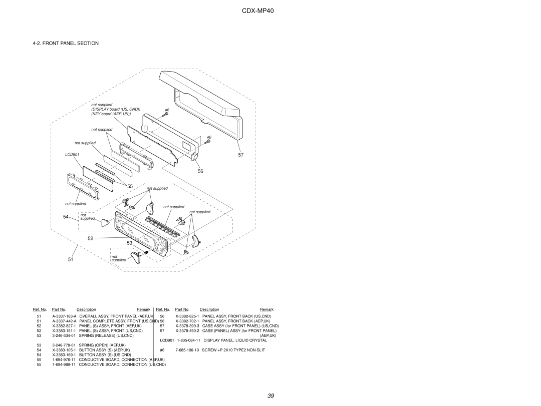 Sony CDX-MP40 Front Panel Section, 56 X-3382-702-1 Panel ASSY, Front Back AEP,UK, Display PANEL, Liquid Crystal 