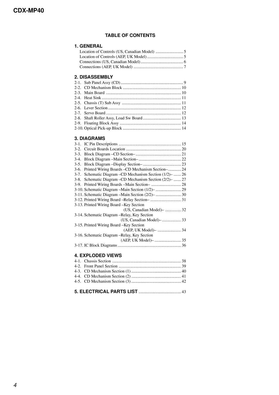 Sony CDX-MP40 service manual Table of Contents General, Disassembly, Diagrams, Exploded Views 