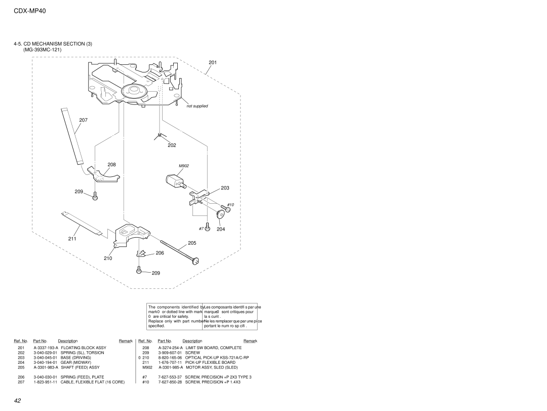 Sony CDX-MP40 service manual CD Mechanism MG-393MC-121 207 208 209 211 210 201, 202, 203, 205 206 209 