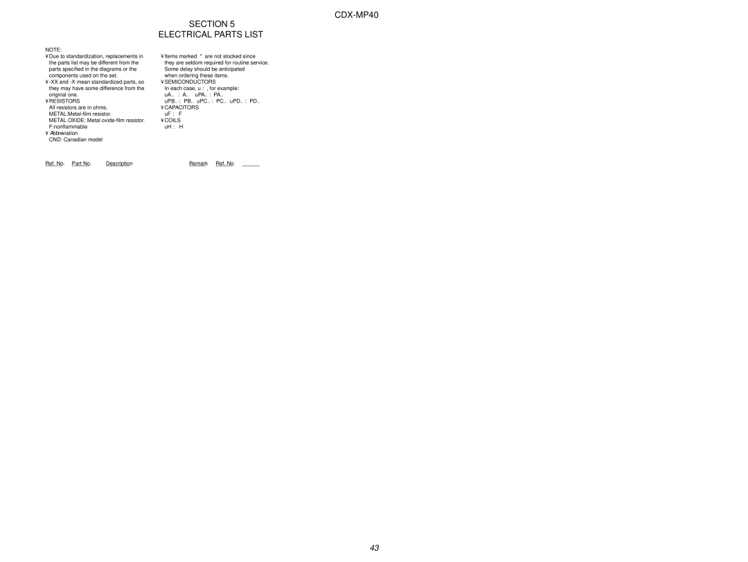 Sony service manual Section Electrical Parts List CDX-MP40 Disc in SW Display 