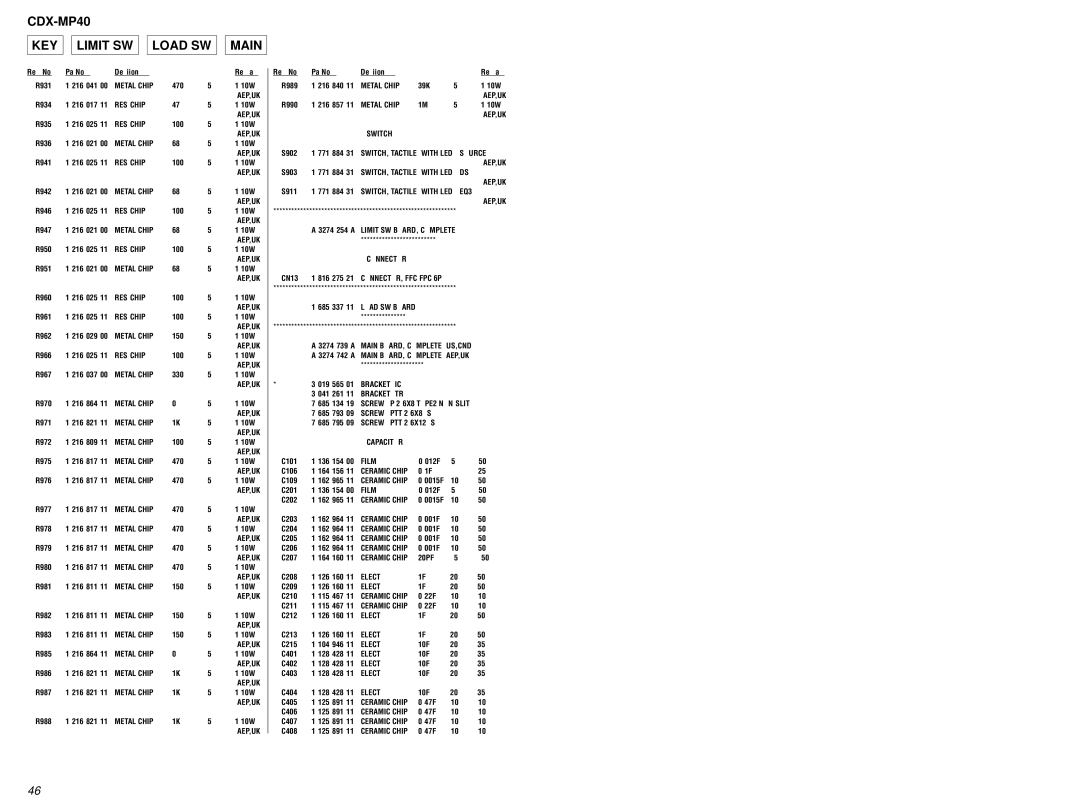 Sony service manual CDX-MP40 KEY Limit SW Load SW Main, Connector, CONNECTOR, FFC/FPC 6P 