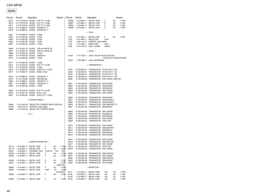 Sony CDX-MP40 Diode UDZS-TE-17-5.6B, Ferrite, Emi Smd, Jumper Resistor, Inductor, COIL, Choke, Jack Antenna Transistor 