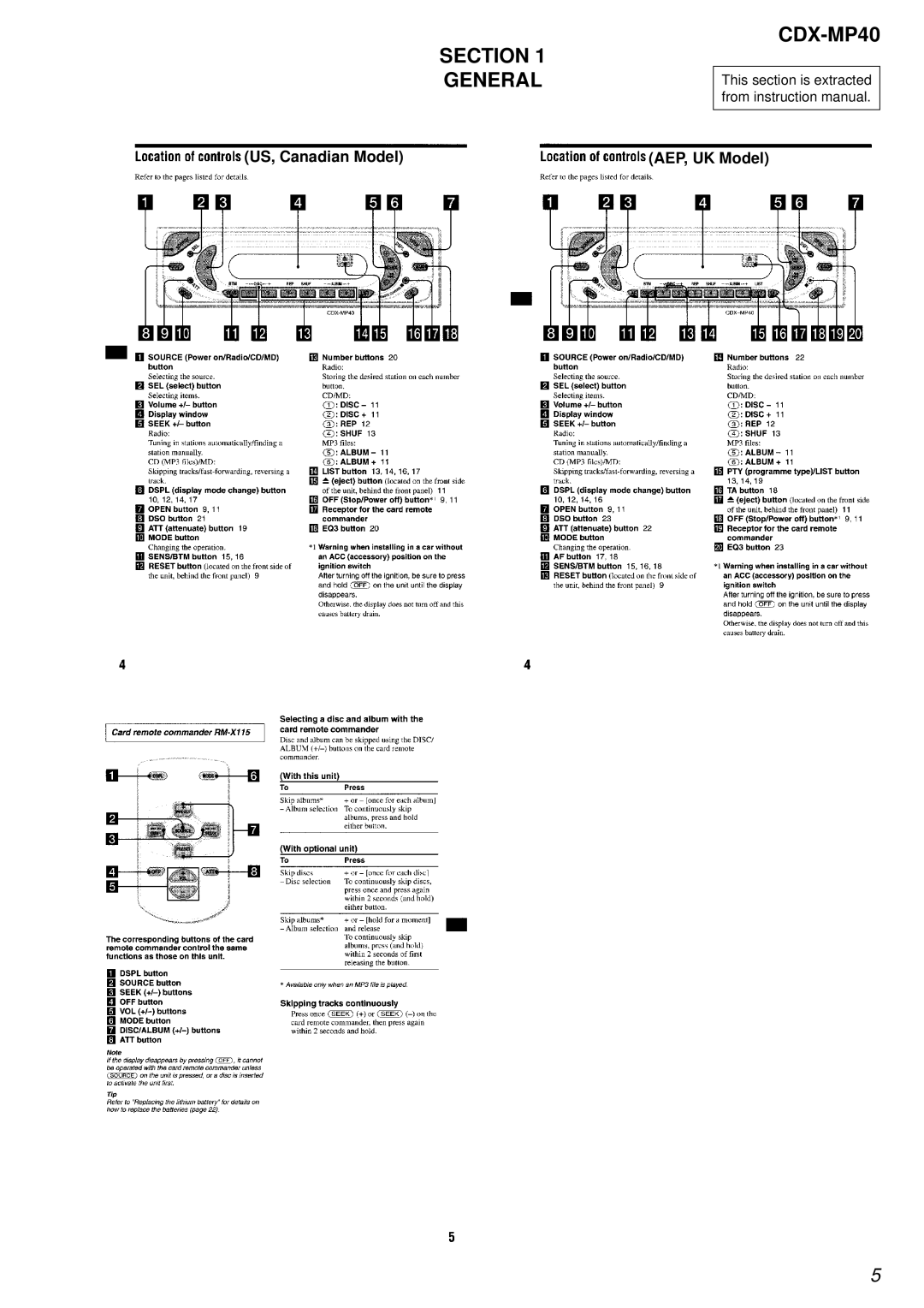 Sony service manual General CDX-MP40, US, Canadian Model AEP, UK Model 