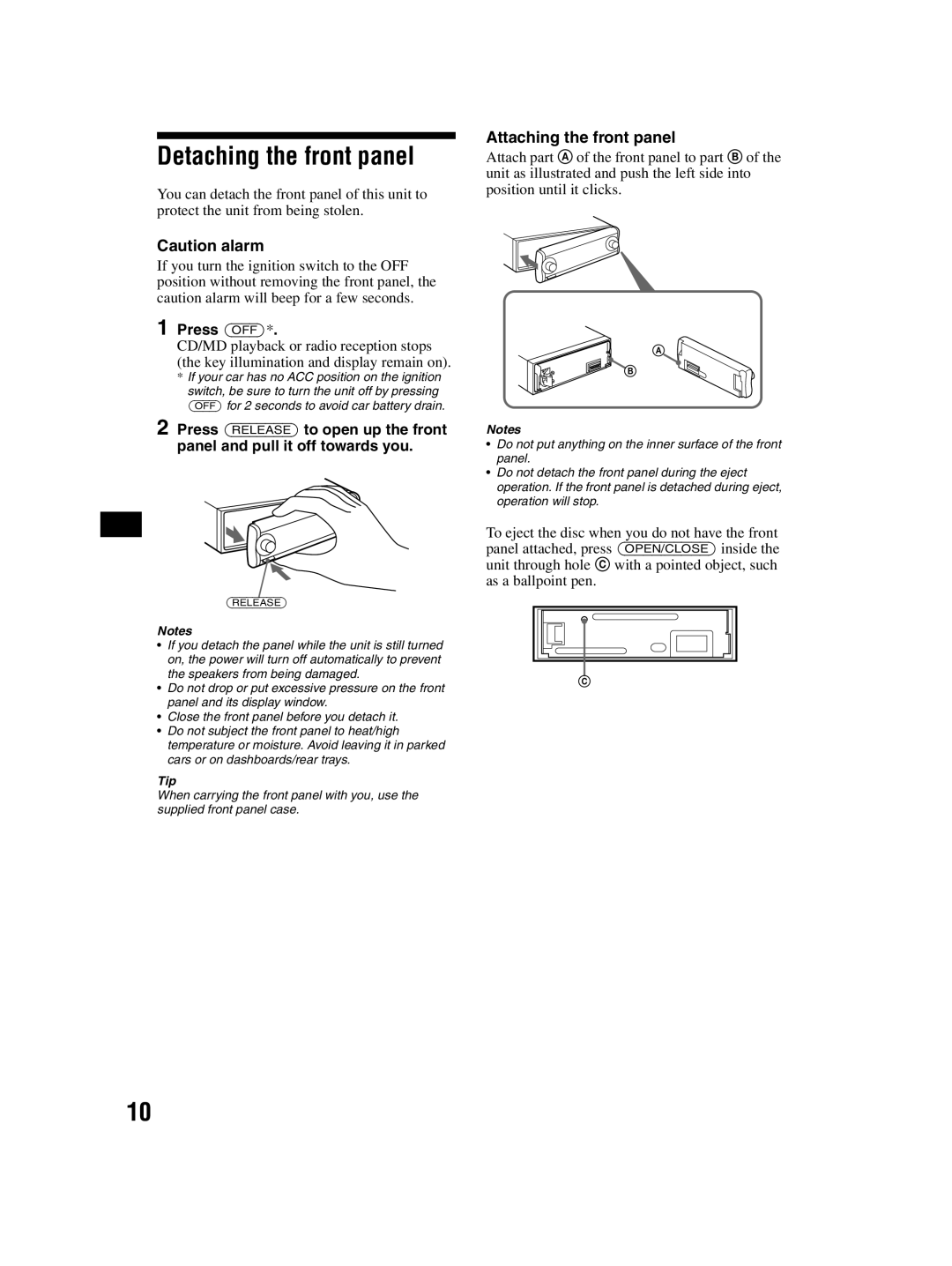 Sony CDX-MP70 operating instructions Detaching the front panel, Attaching the front panel, Press OFF 