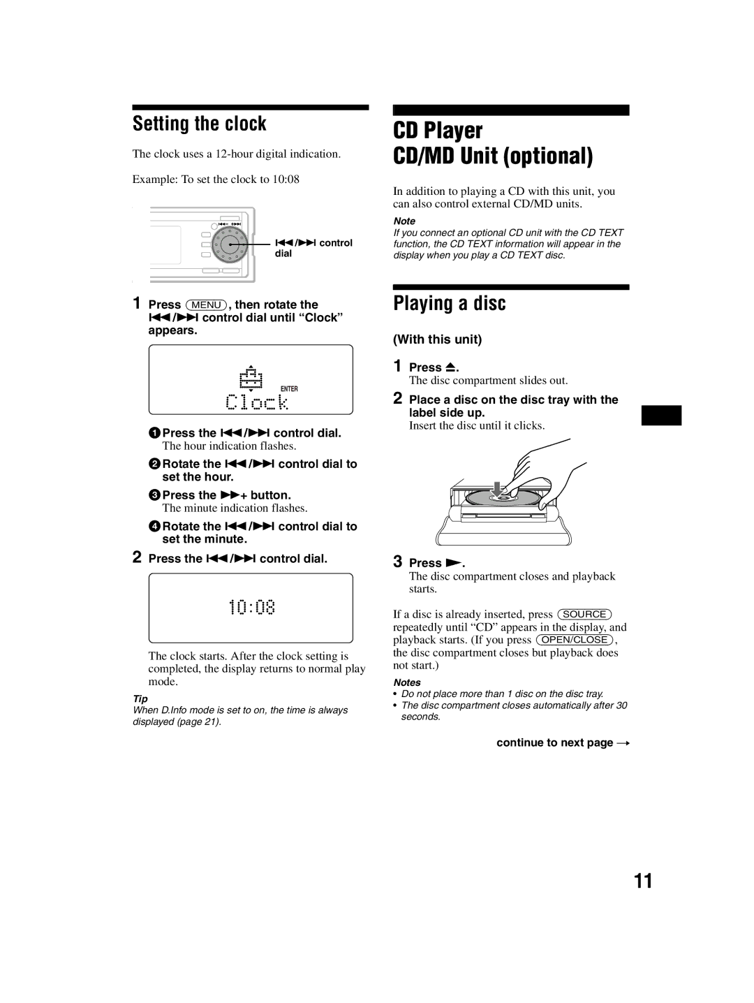 Sony CDX-MP70 Setting the clock, Playing a disc, Press Z, Place a disc on the disc tray with the label side up, Press N 