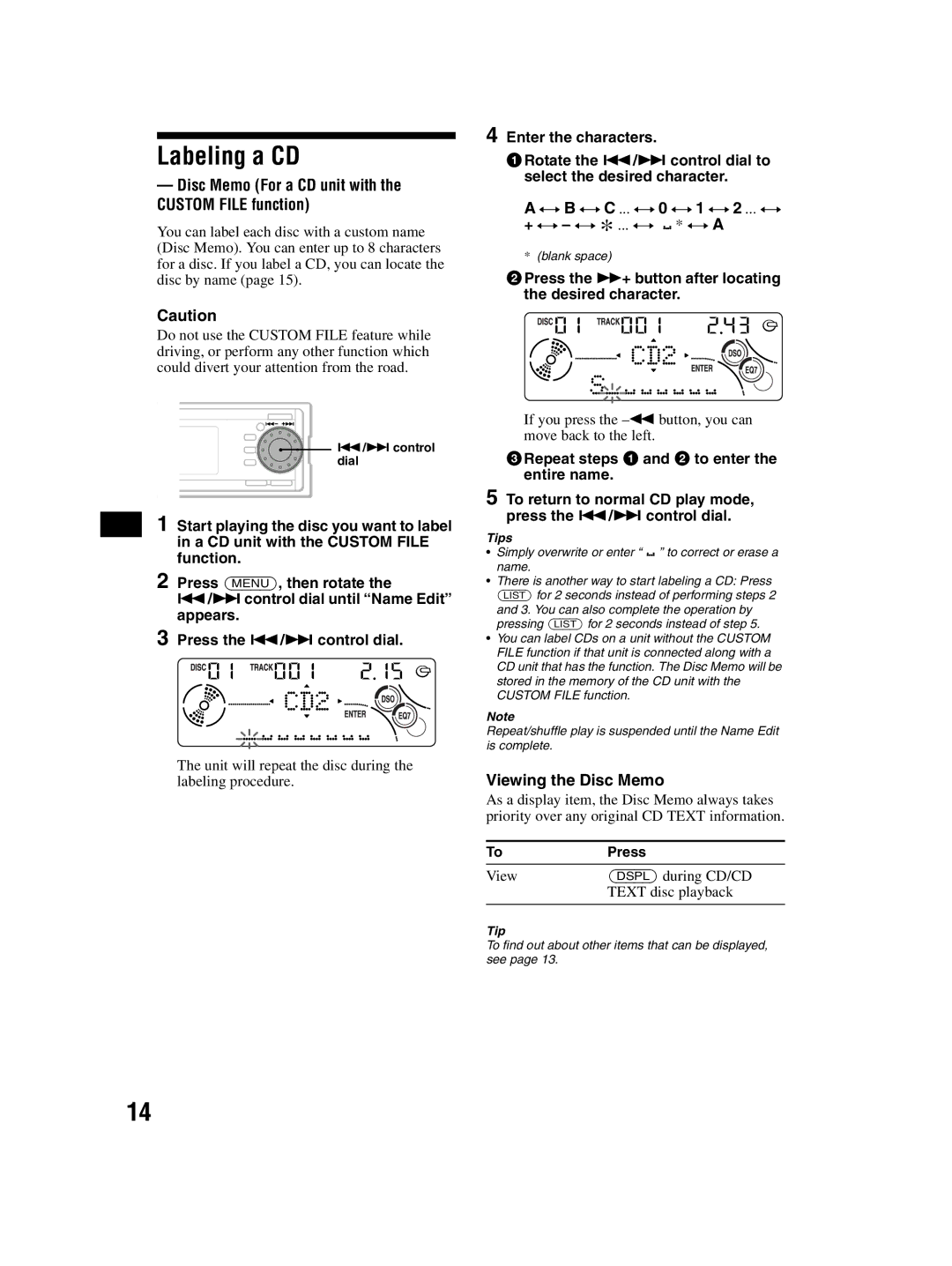 Sony CDX-MP70 Labeling a CD, Disc Memo For a CD unit with the Custom File function, B y C ... y 0 y 1 y 2 ... y 