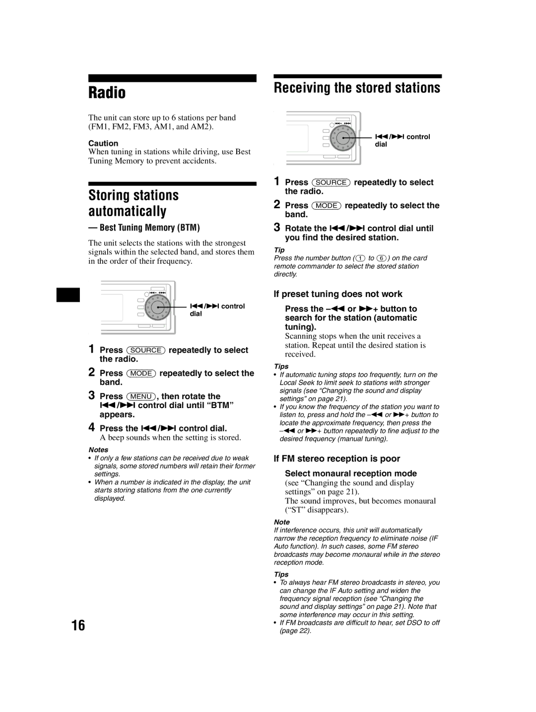 Sony CDX-MP70 operating instructions Best Tuning Memory BTM, If preset tuning does not work, If FM stereo reception is poor 