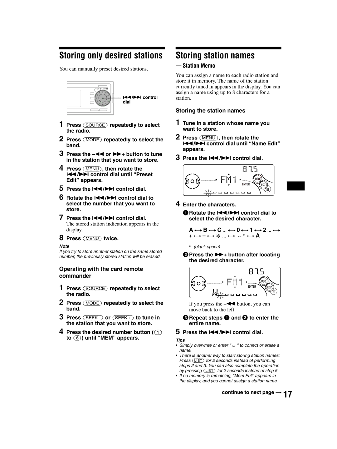 Sony CDX-MP70 Storing station names, Operating with the card remote commander, Station Memo, Storing the station names 