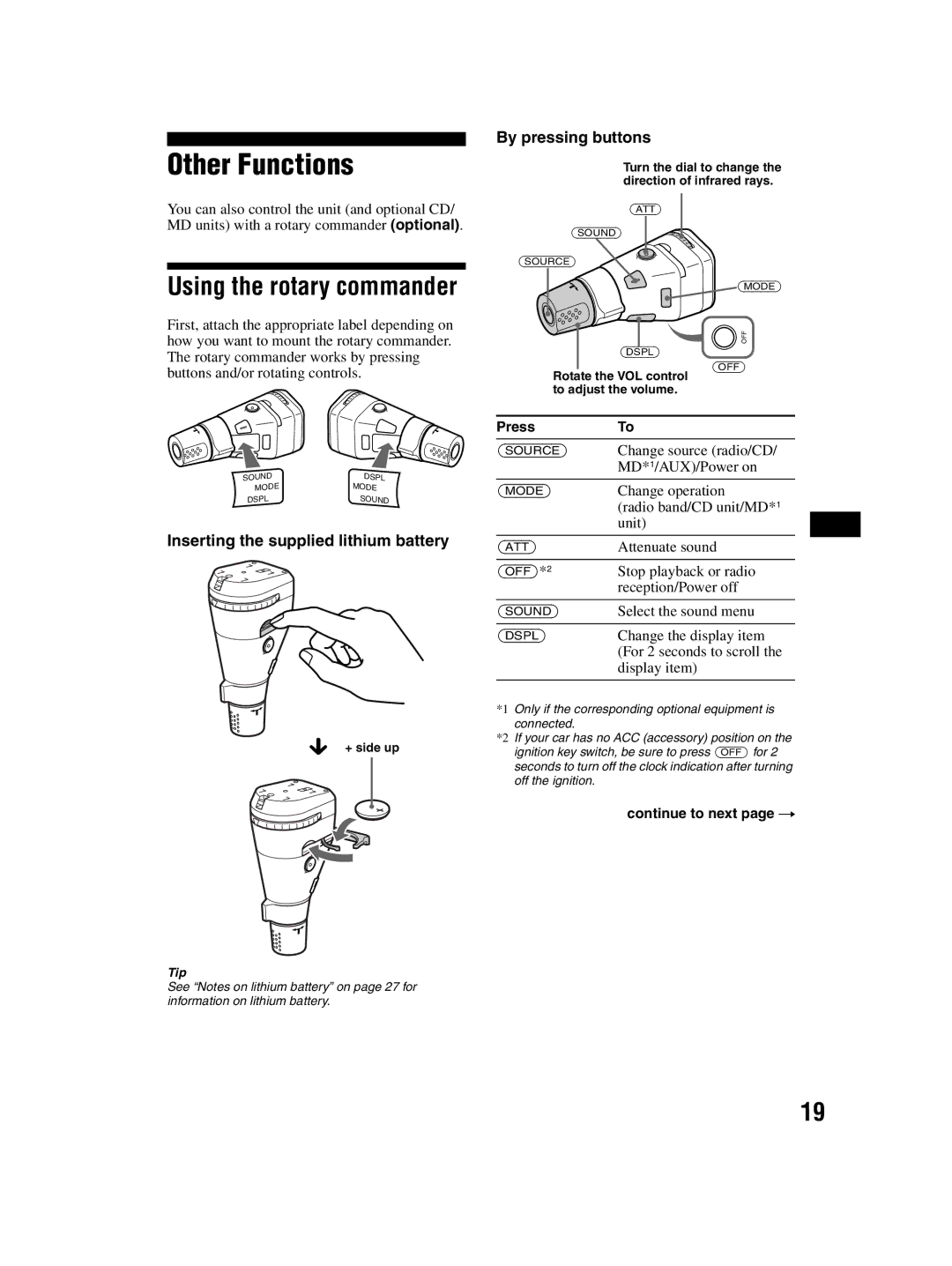 Sony CDX-MP70 operating instructions Inserting the supplied lithium battery, By pressing buttons 