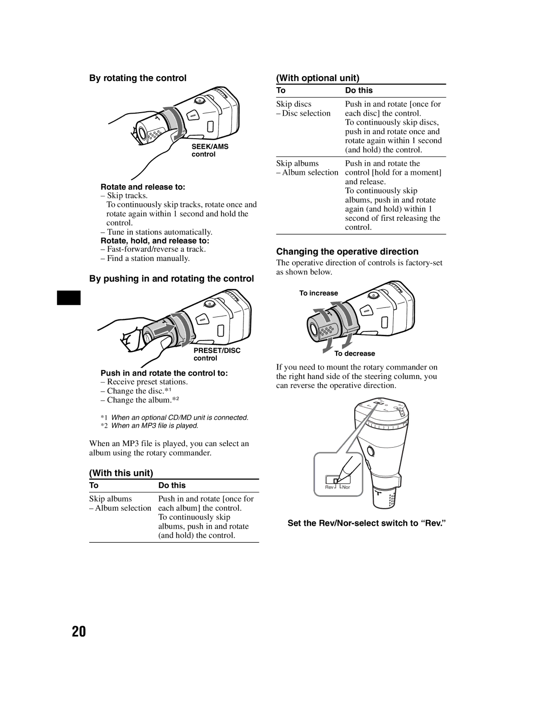 Sony CDX-MP70 By rotating the control, By pushing in and rotating the control, Changing the operative direction 