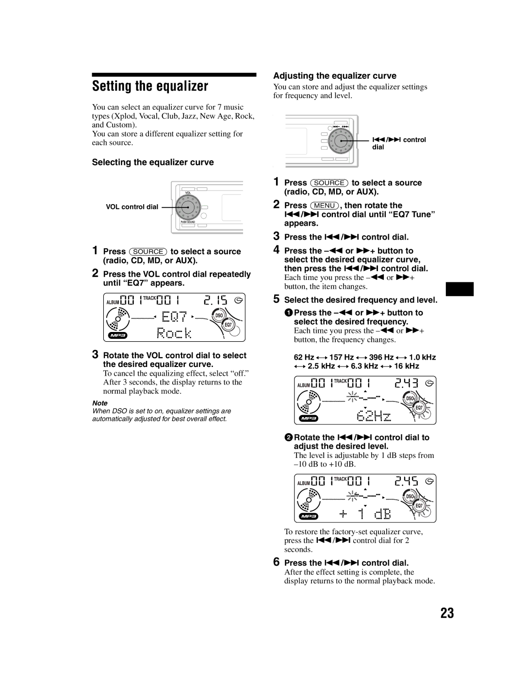 Sony CDX-MP70 operating instructions Setting the equalizer, Selecting the equalizer curve, Adjusting the equalizer curve 