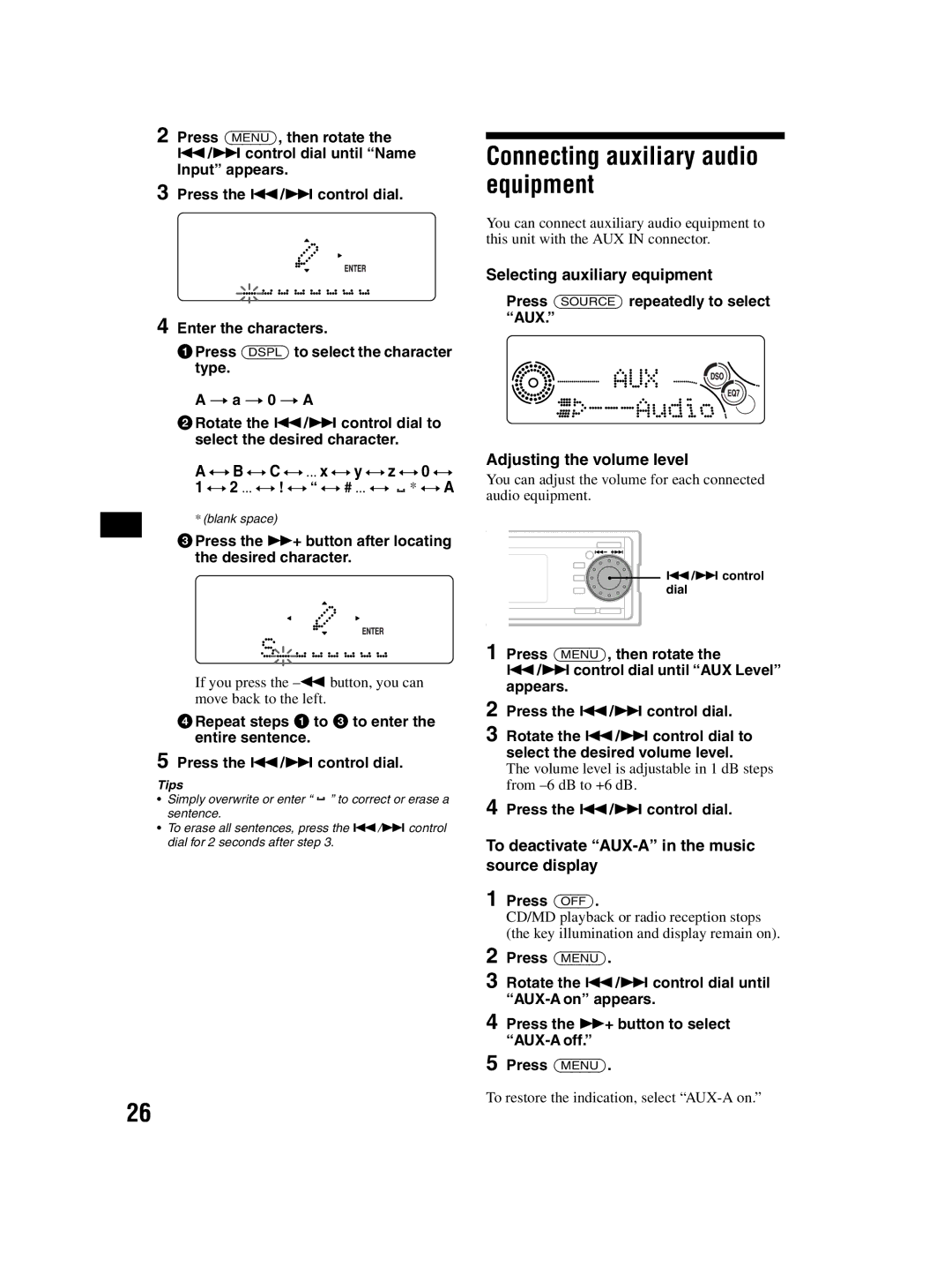 Sony CDX-MP70 Connecting auxiliary audio equipment, Selecting auxiliary equipment, Adjusting the volume level 