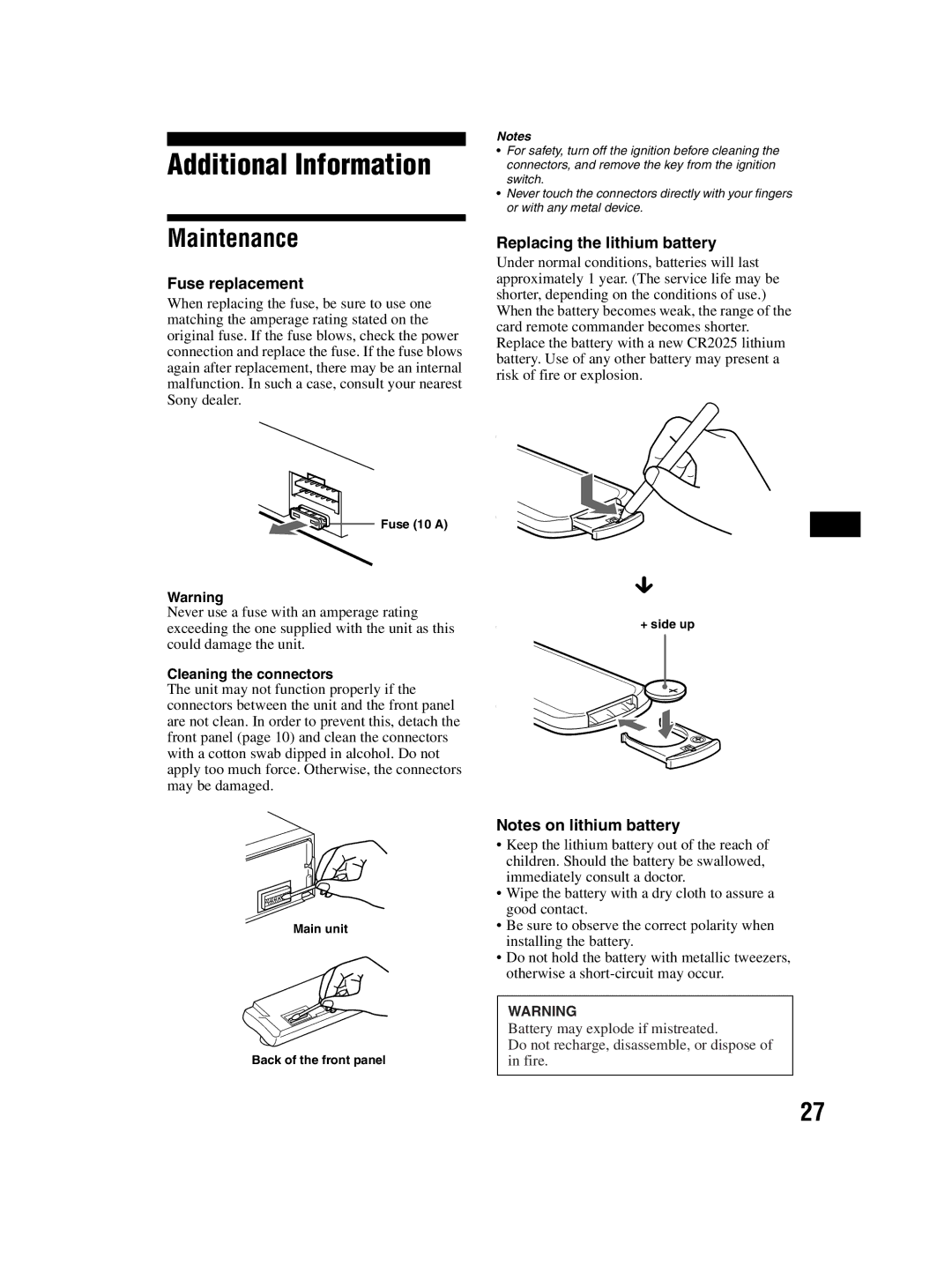 Sony CDX-MP70 operating instructions Maintenance, Fuse replacement, Replacing the lithium battery, Cleaning the connectors 