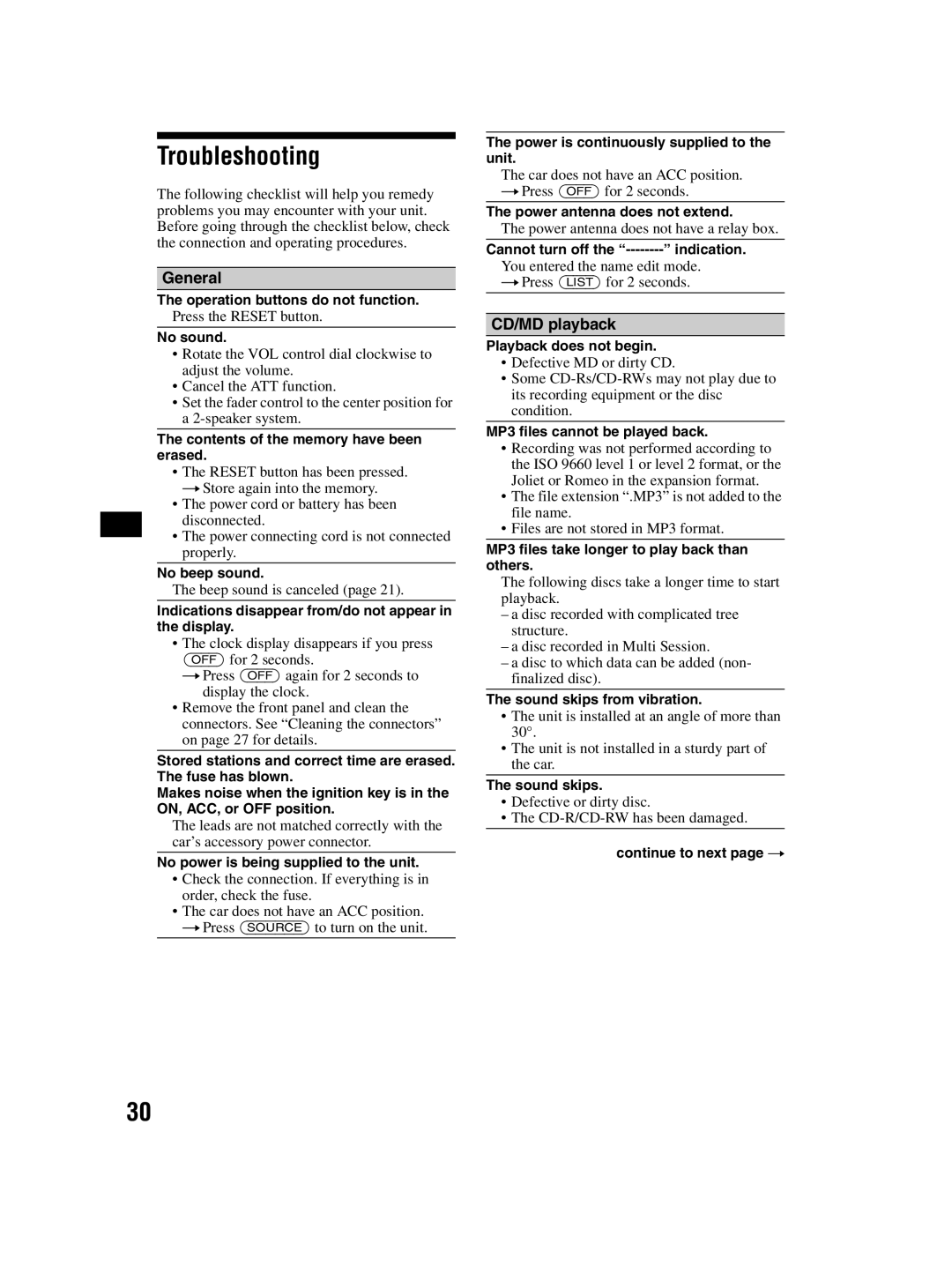 Sony CDX-MP70 operating instructions Troubleshooting, CD/MD playback 