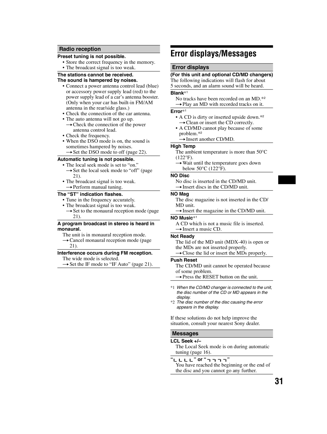 Sony CDX-MP70 operating instructions Error displays/Messages, Radio reception 