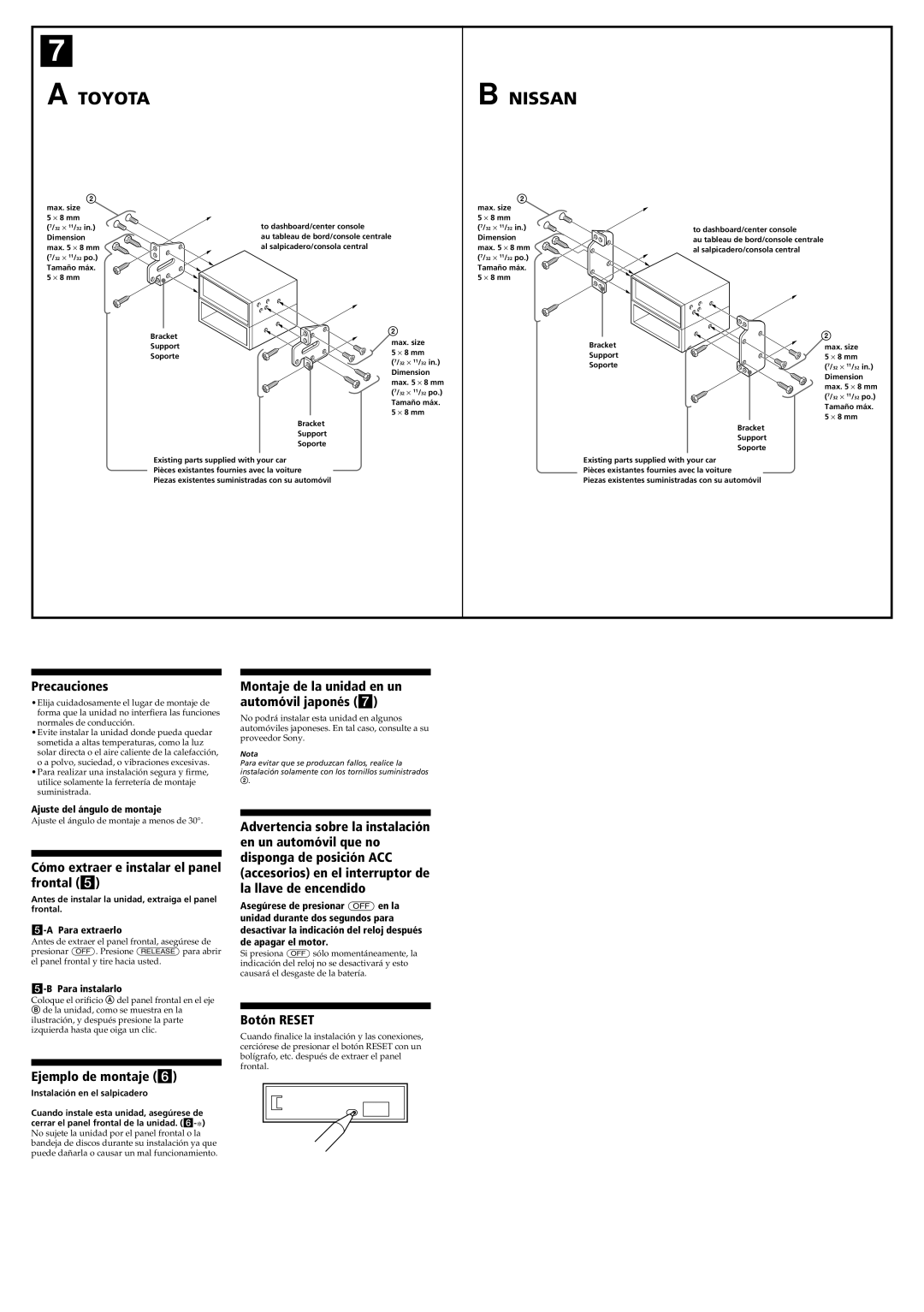 Sony CDX-MP70 operating instructions Toyota Nissan, Ajuste el ángulo de montaje a menos de 