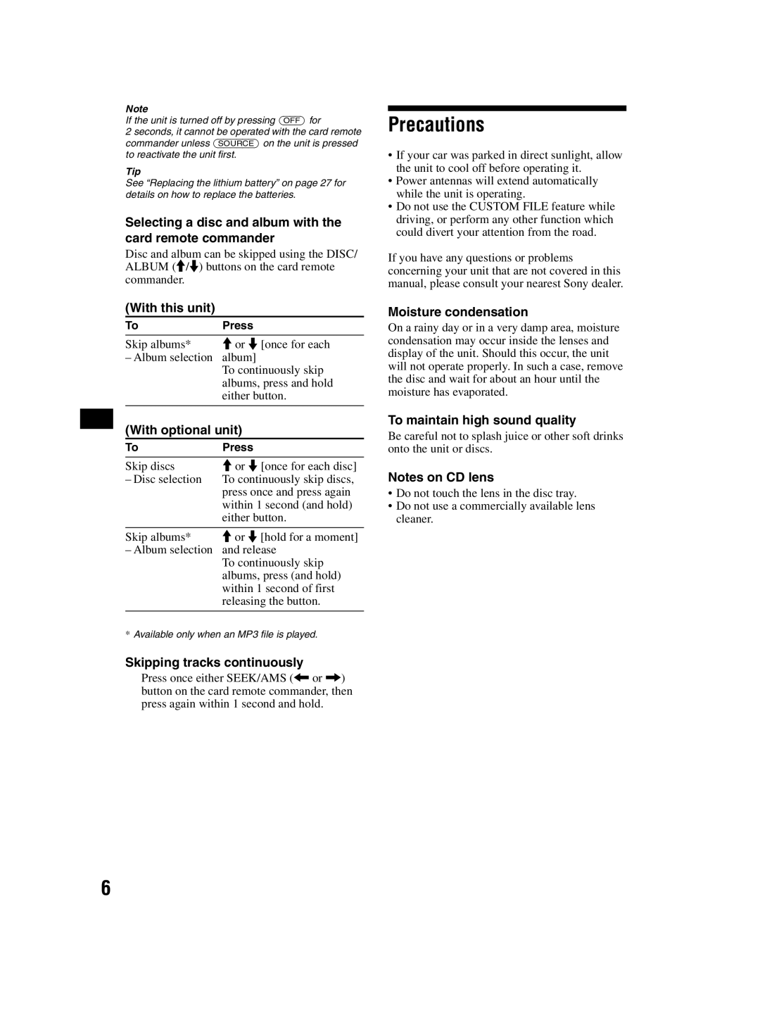 Sony CDX-MP70 operating instructions Precautions 