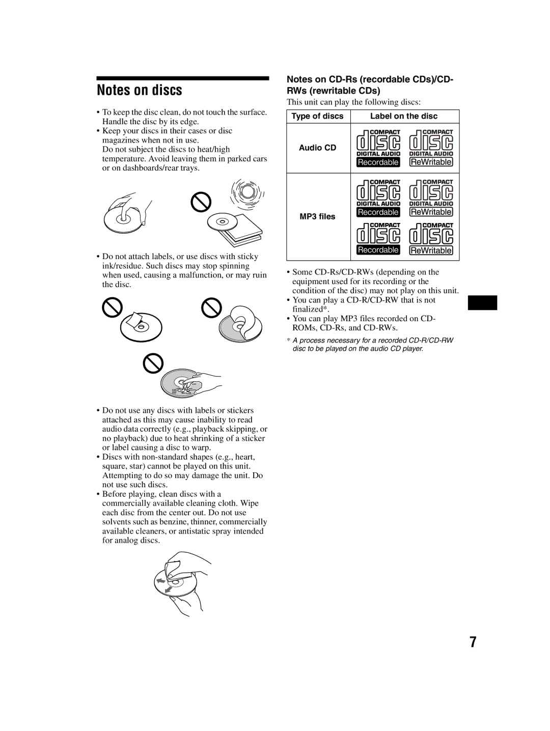 Sony CDX-MP70 operating instructions Type of discs, Audio CD MP3 files 