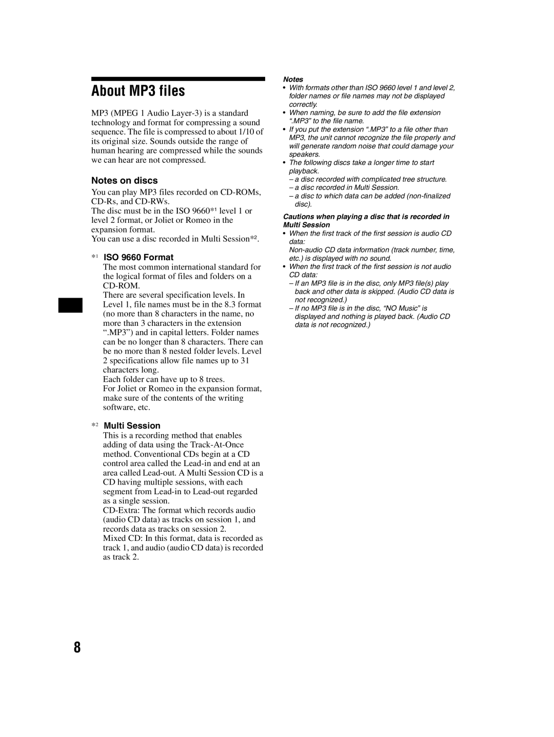 Sony CDX-MP70 operating instructions About MP3 files, ISO 9660 Format, Multi Session 