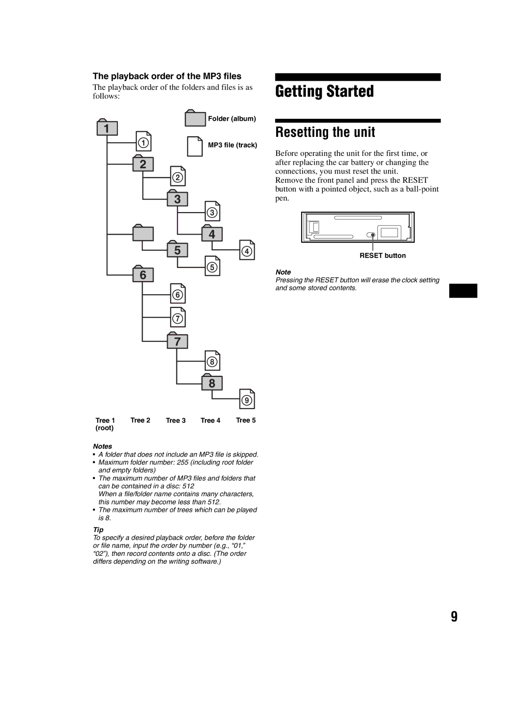 Sony CDX-MP70 Resetting the unit, Playback order of the MP3 files, Playback order of the folders and files is as follows 