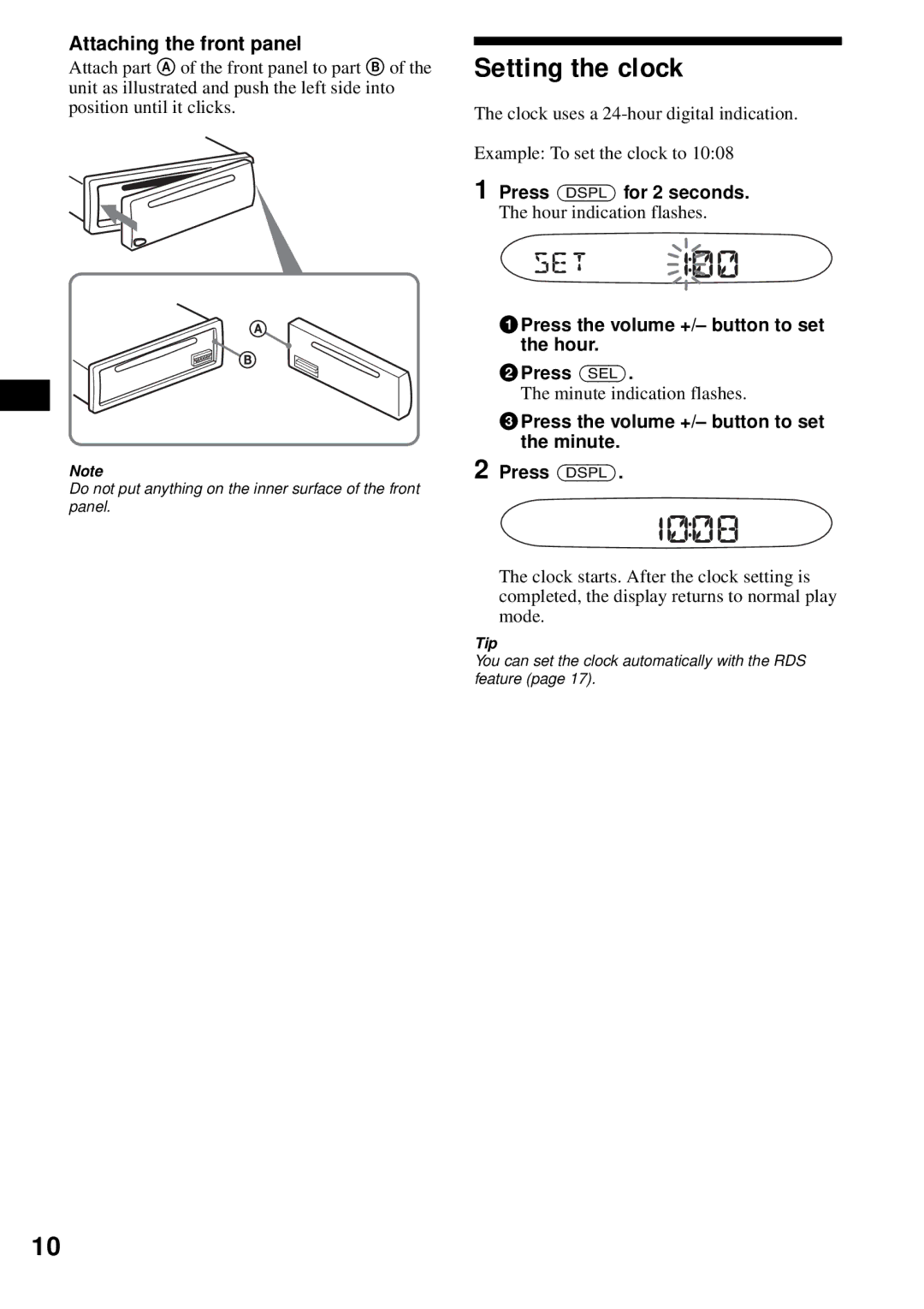 Sony CDX-S2200 operating instructions Setting the clock, Attaching the front panel, Minute indication flashes 