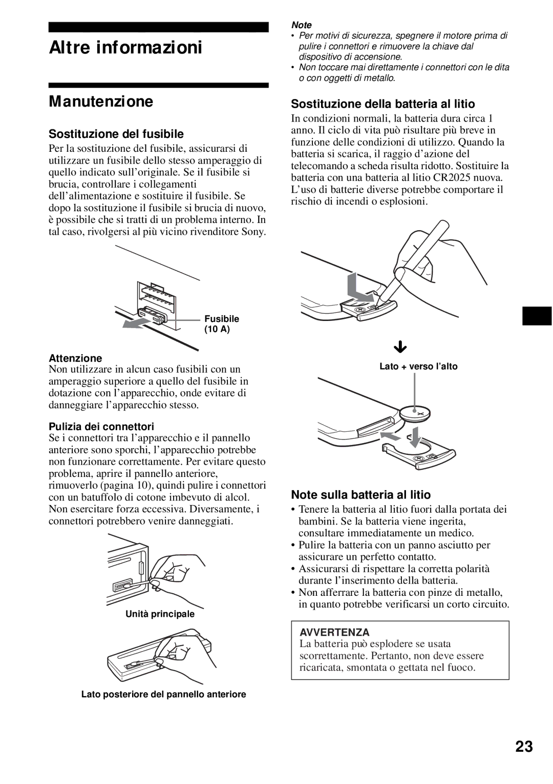 Sony CDX-S2200 Altre informazioni, Manutenzione, Sostituzione del fusibile, Sostituzione della batteria al litio 