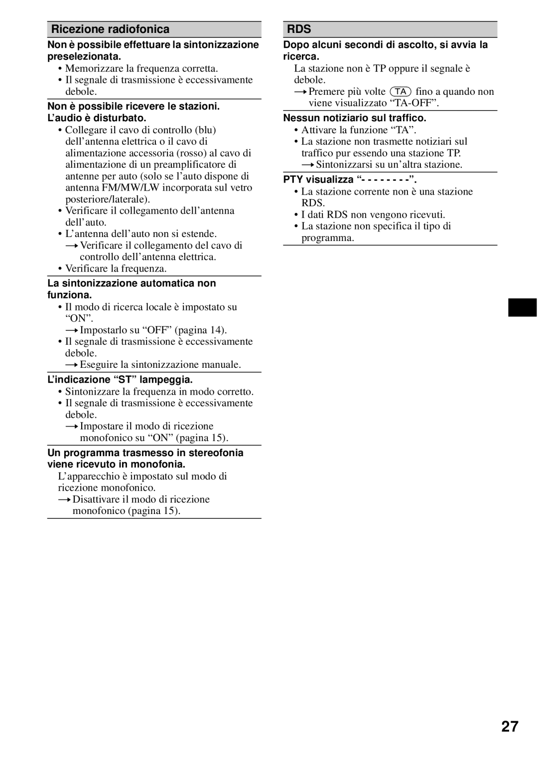 Sony CDX-S2200 operating instructions Ricezione radiofonica 