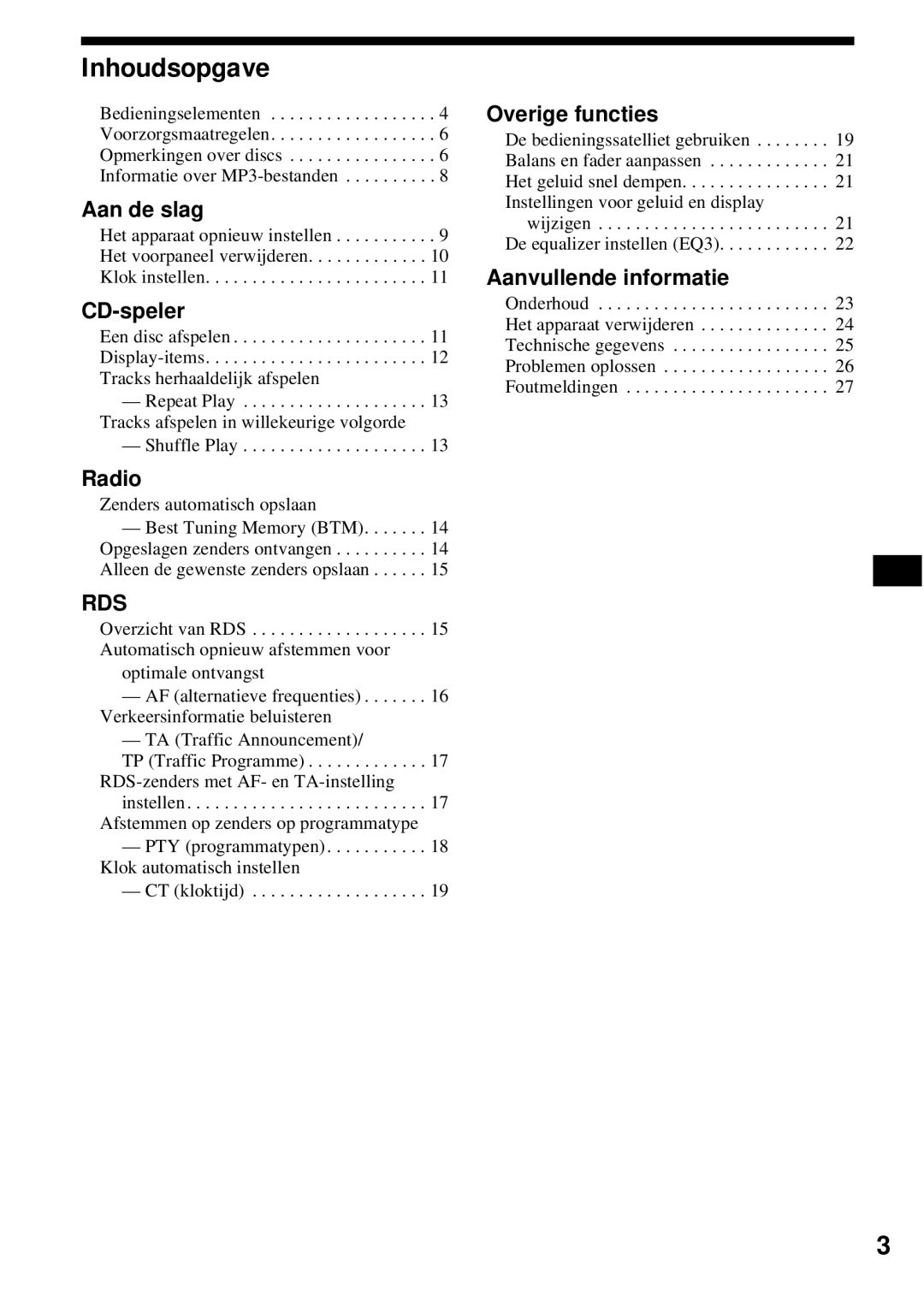 Sony CDX-S2200 operating instructions Inhoudsopgave, Zenders automatisch opslaan 