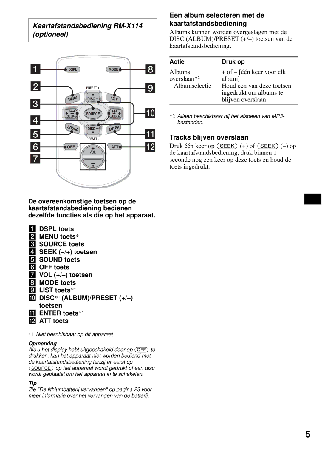 Sony CDX-S2200 Een album selecteren met de kaartafstandsbediening, Tracks blijven overslaan, Actie Druk op, Opmerking 