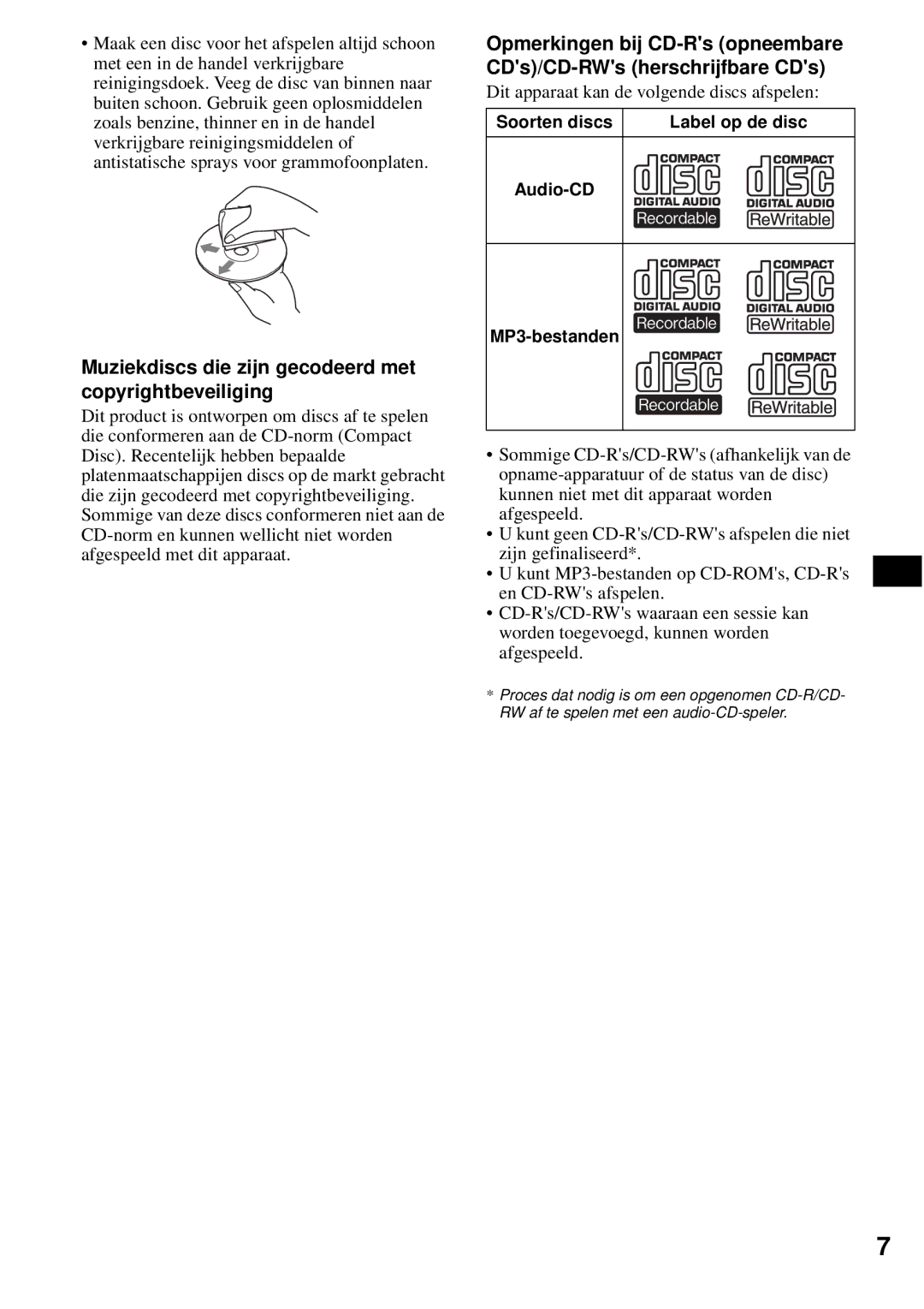 Sony CDX-S2200 Muziekdiscs die zijn gecodeerd met copyrightbeveiliging, Dit apparaat kan de volgende discs afspelen 